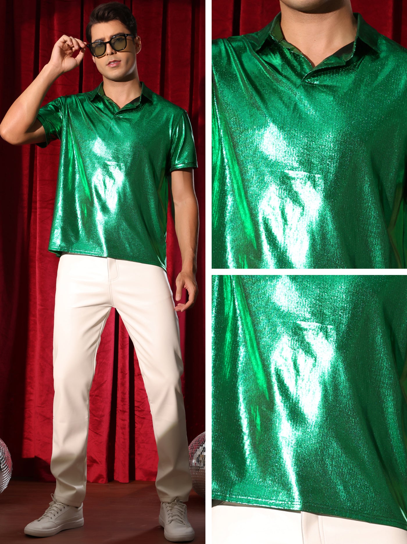 Bublédon Metallic Polo for Men's Short Sleeves Shiny Disco Nightclub Party Golf Shirt