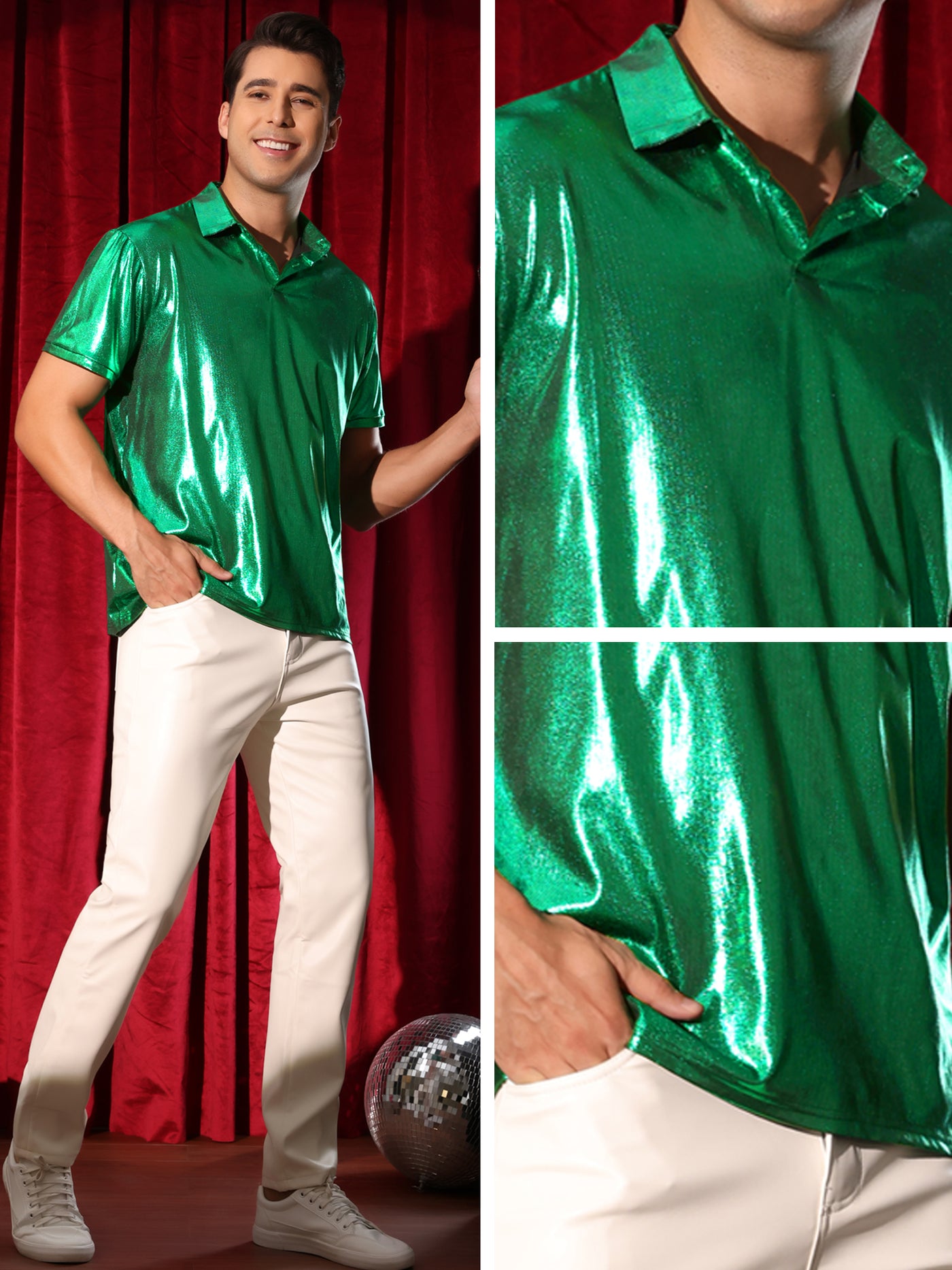 Bublédon Metallic Polo for Men's Short Sleeves Shiny Disco Nightclub Party Golf Shirt