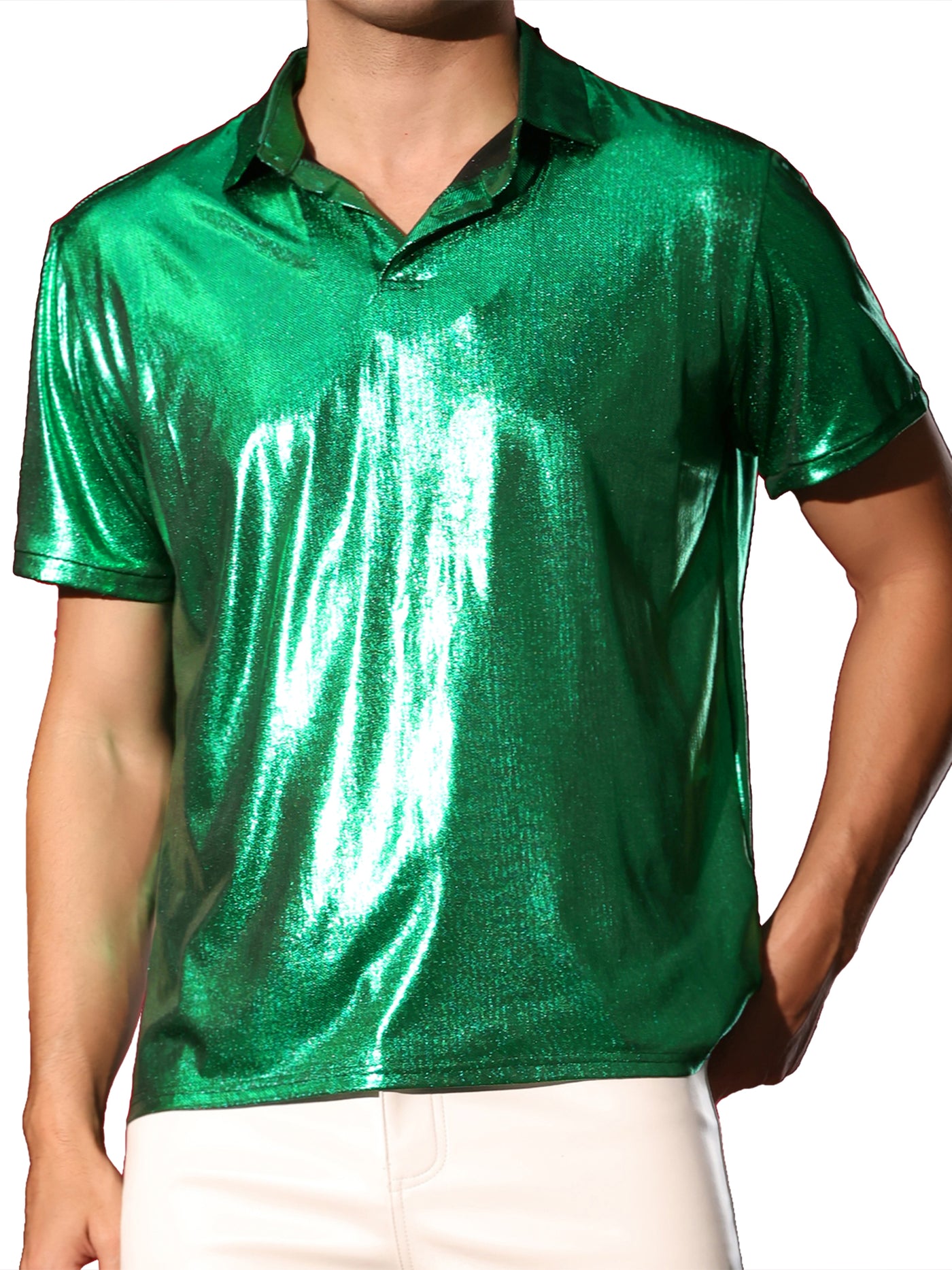 Bublédon Metallic Polo for Men's Short Sleeves Shiny Disco Nightclub Party Golf Shirt