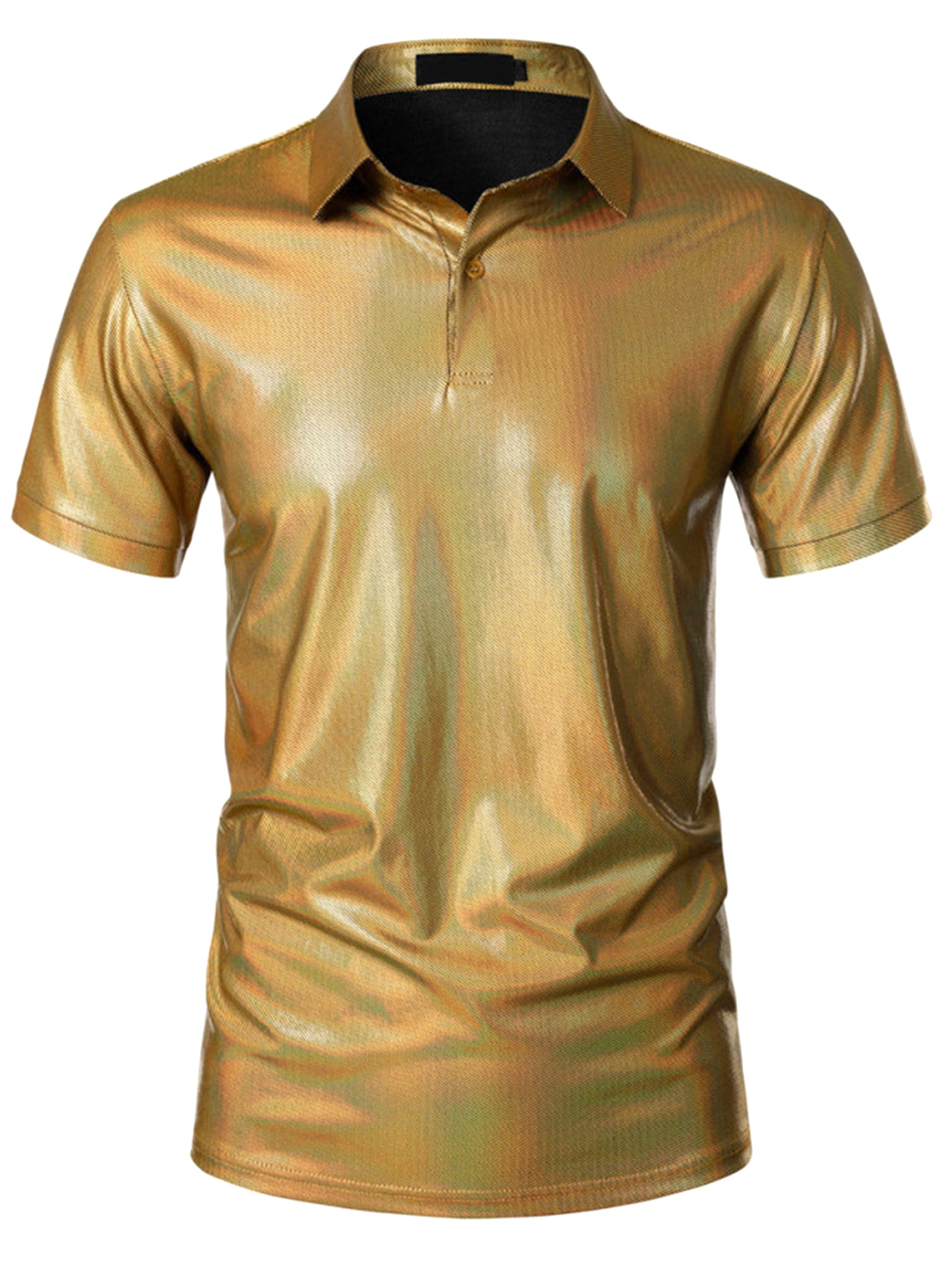 Bublédon Metallic Polo for Men's Short Sleeves Shiny Disco Nightclub Party Golf Shirt