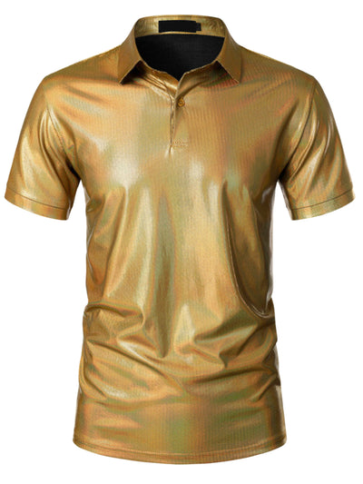 Metallic Polo for Men's Short Sleeves Shiny Disco Nightclub Party Golf Shirt