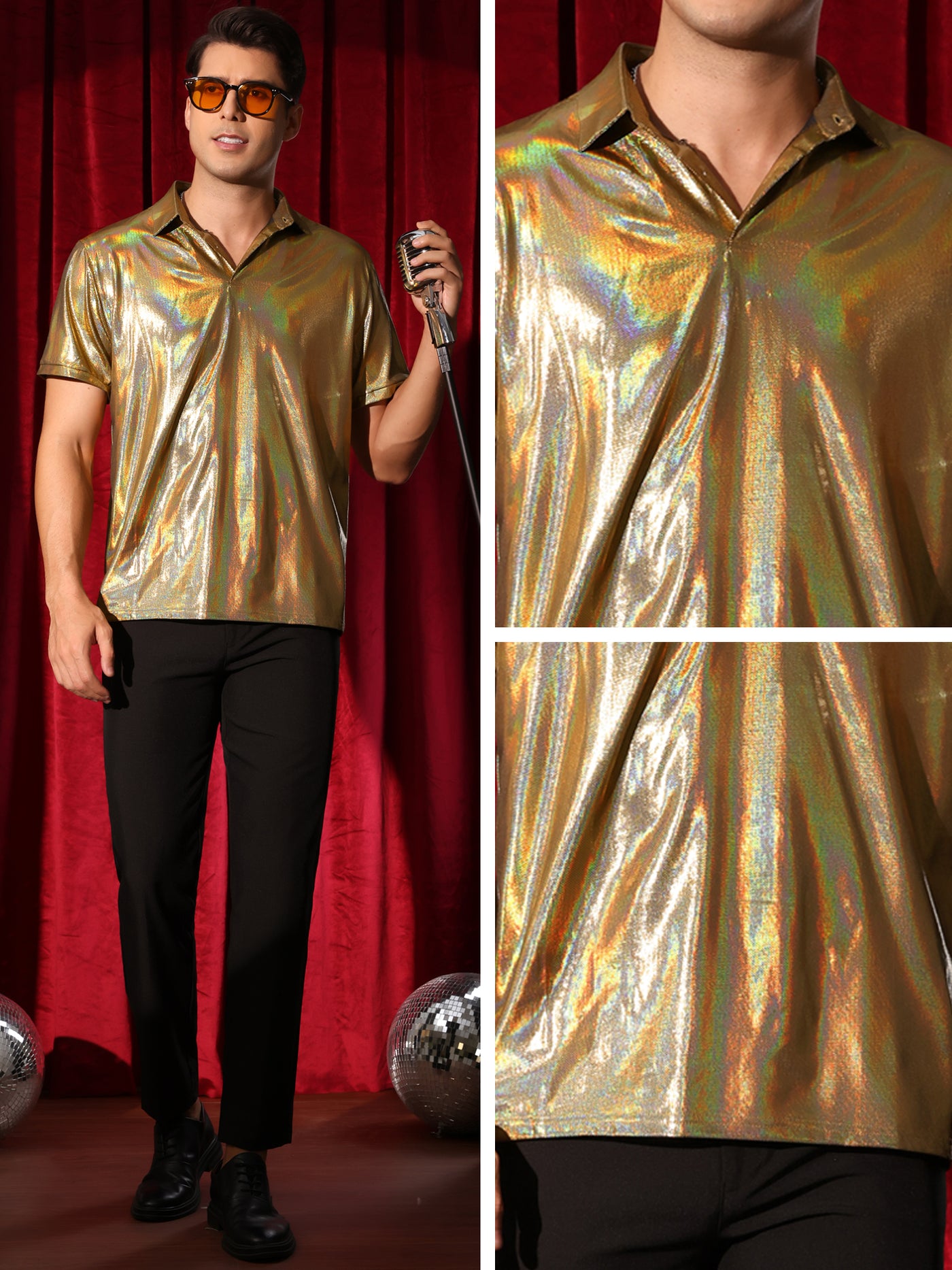 Bublédon Metallic Polo for Men's Short Sleeves Shiny Disco Nightclub Party Golf Shirt