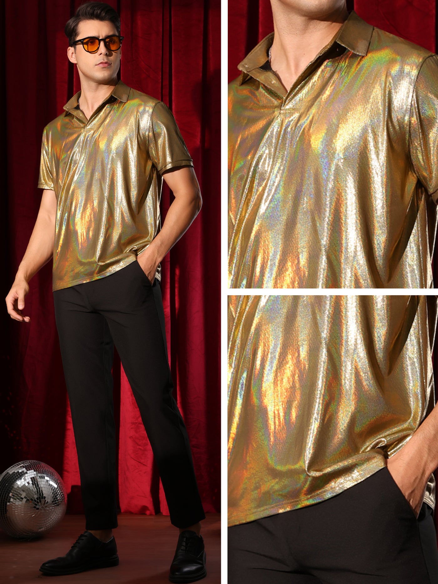 Bublédon Metallic Polo for Men's Short Sleeves Shiny Disco Nightclub Party Golf Shirt