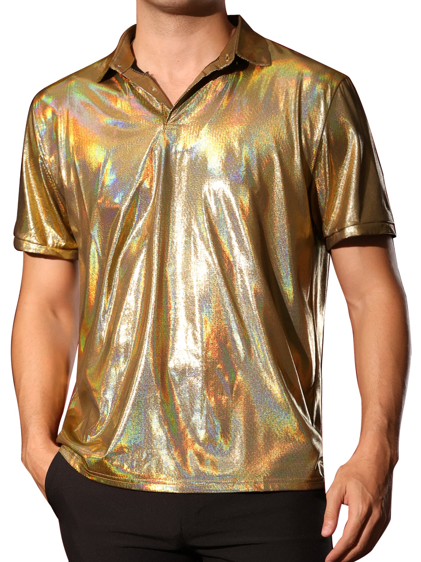 Bublédon Metallic Polo for Men's Short Sleeves Shiny Disco Nightclub Party Golf Shirt