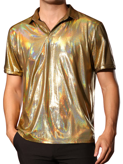 Metallic Polo for Men's Short Sleeves Shiny Disco Nightclub Party Golf Shirt