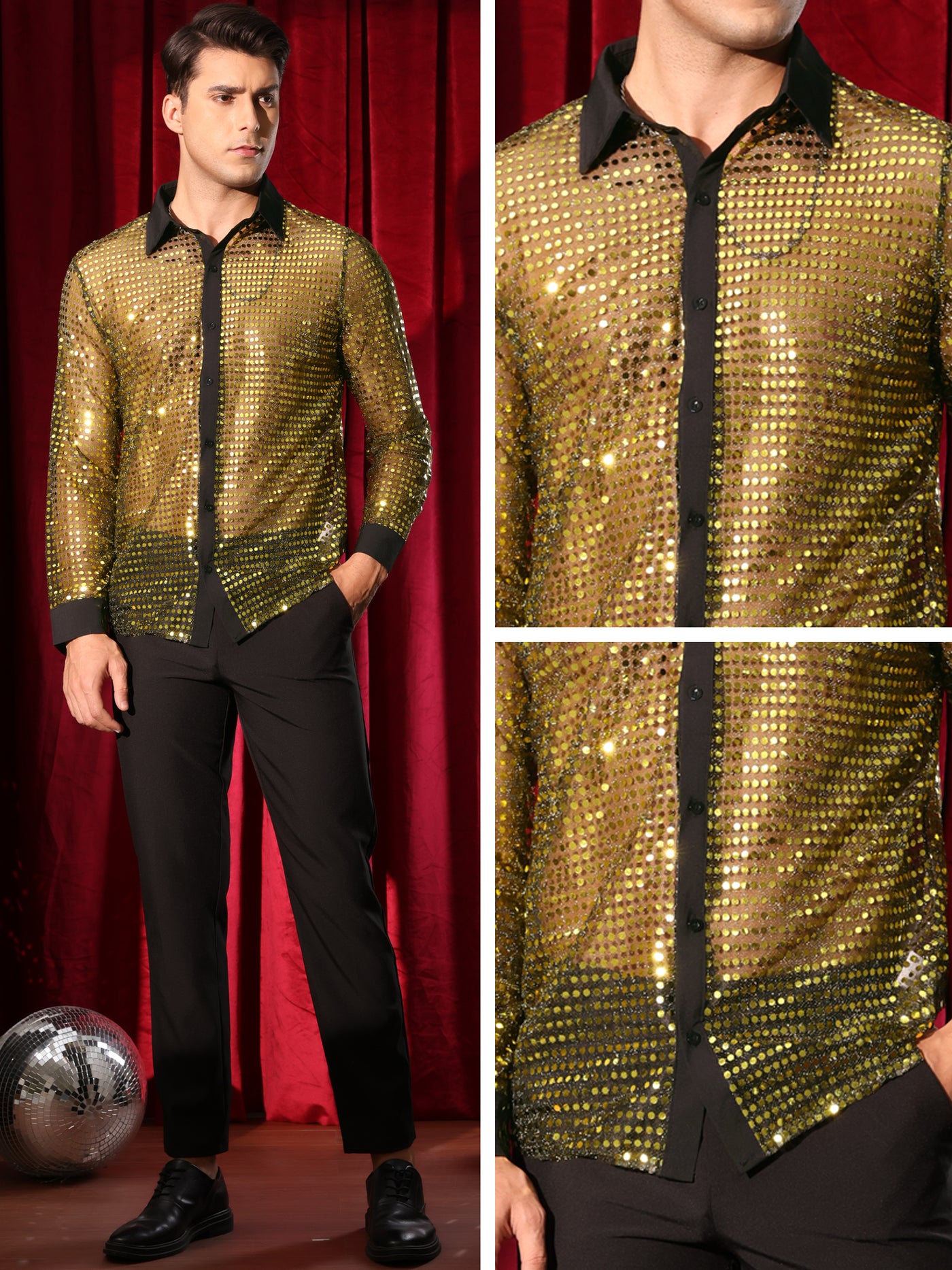 Bublédon Sequin for Men's Button Down Long Sleeves Party Disco Metallic Shirts