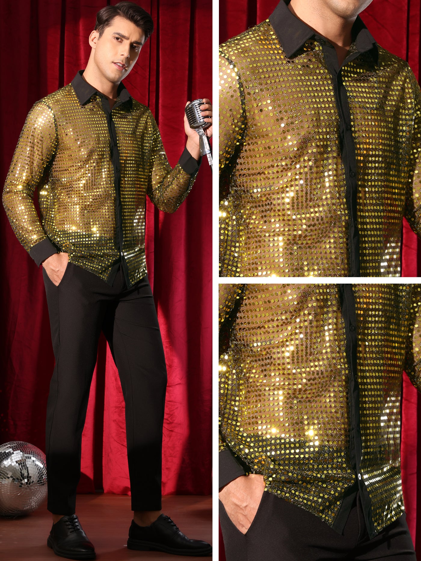 Bublédon Sequin for Men's Button Down Long Sleeves Party Disco Metallic Shirts