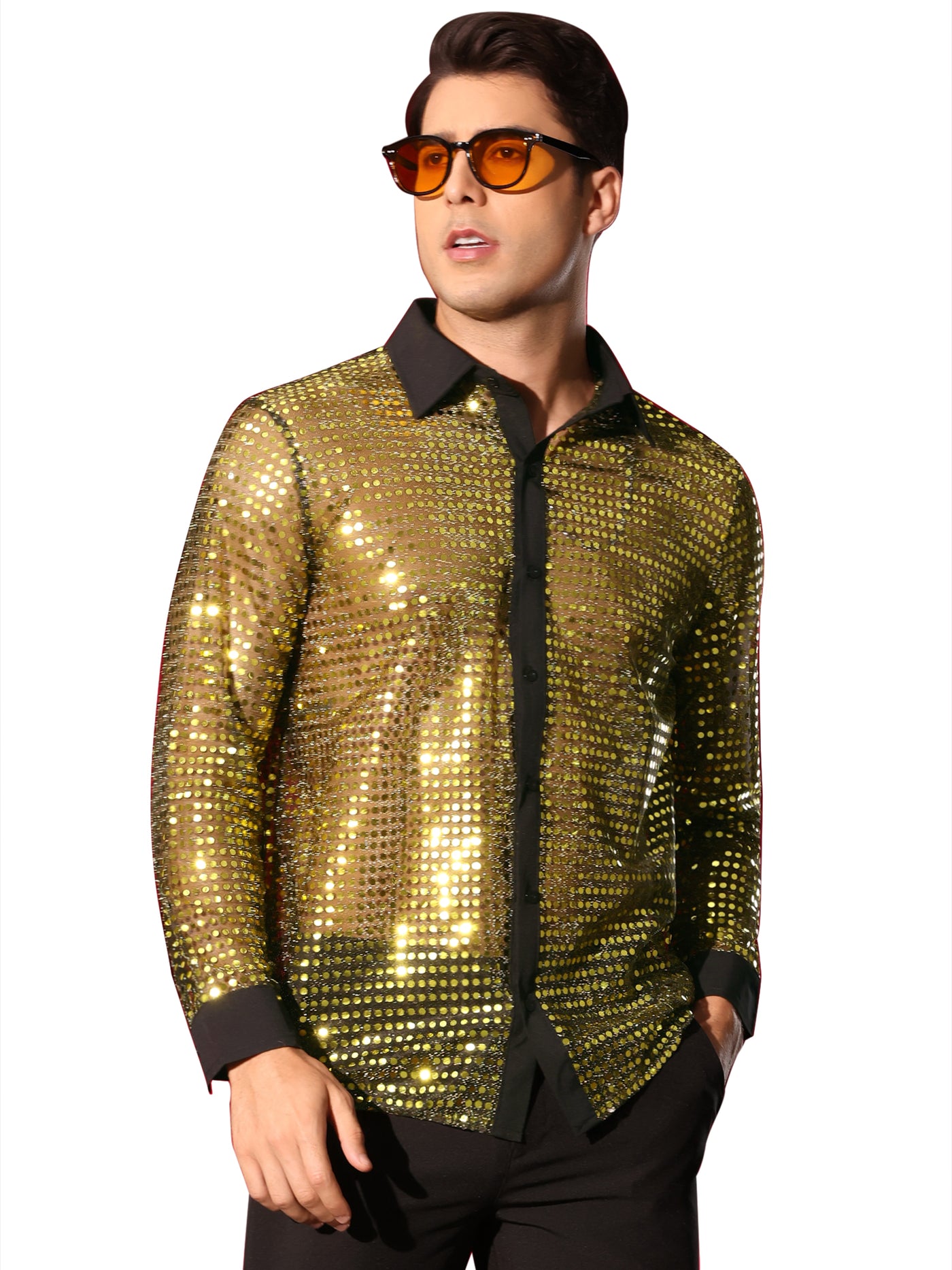 Bublédon Sequin for Men's Button Down Long Sleeves Party Disco Metallic Shirts