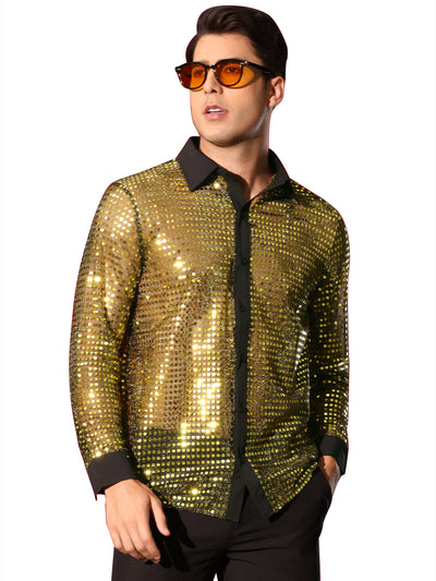 Sequin for Men's Button Down Long Sleeves Party Disco Metallic Shirts