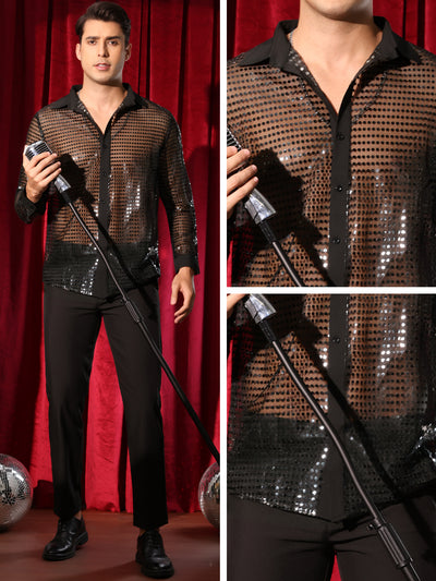 Sequin for Men's Button Down Long Sleeves Party Disco Metallic Shirts