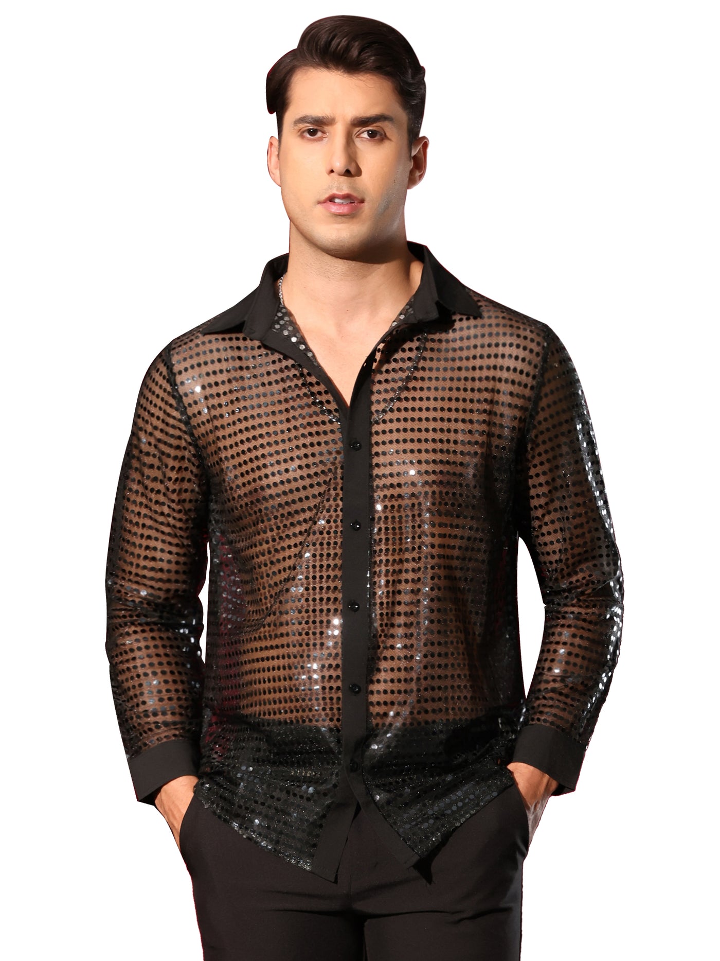 Bublédon Sequin for Men's Button Down Long Sleeves Party Disco Metallic Shirts