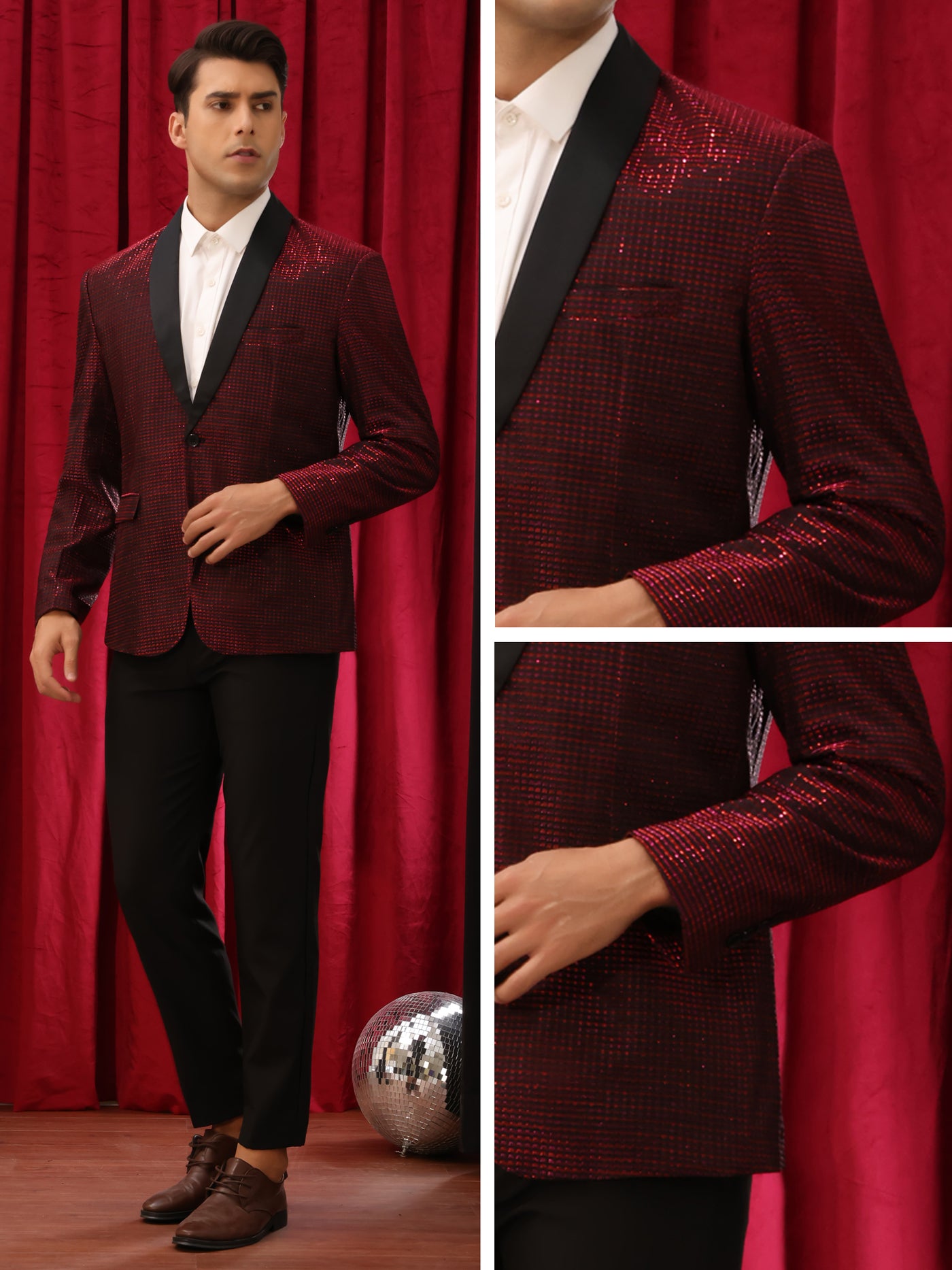 Bublédon Shiny Blazers for Men's Shawl Lapel Wedding Prom Metallic Sport Coats