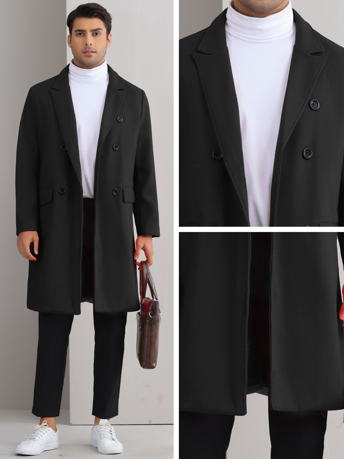 Bublédon Trench Coat for Men's Double Breasted Notched Lapel Formal Long Winter Coats