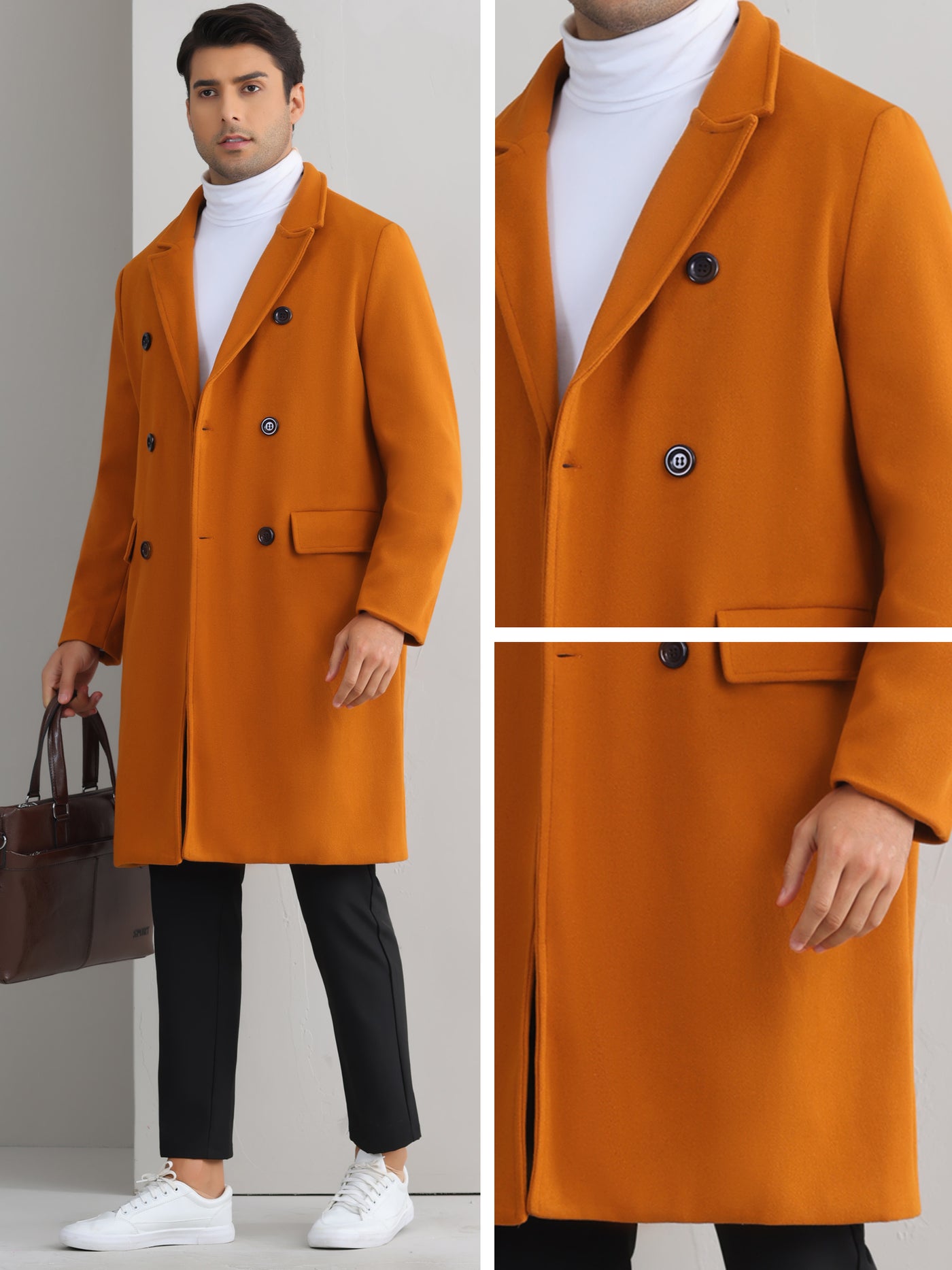 Bublédon Trench Coat for Men's Double Breasted Notched Lapel Formal Long Winter Coats