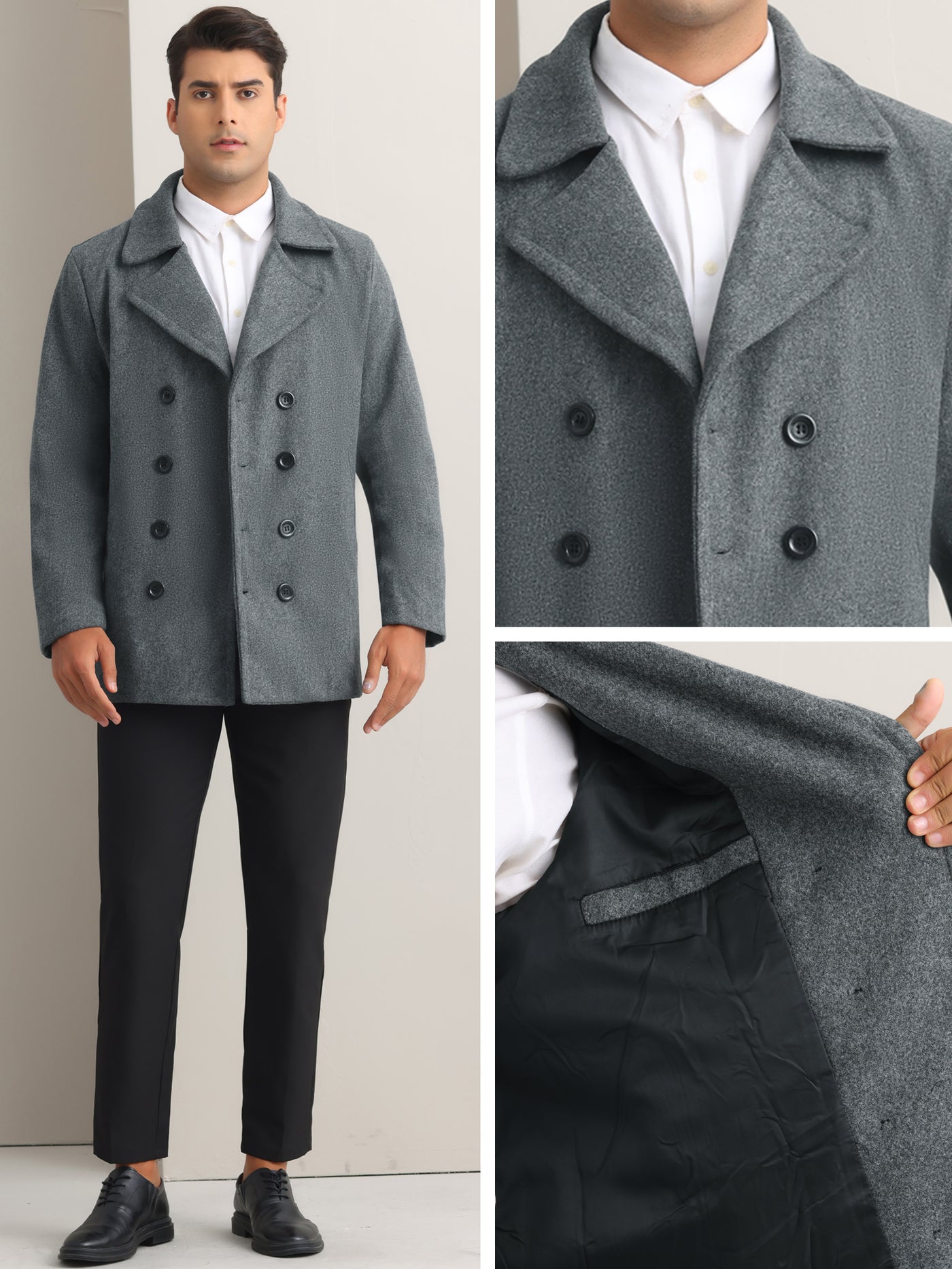 Bublédon Winter Peacoat for Men's Notched Collar Double Breasted Formal Classic Overcoats