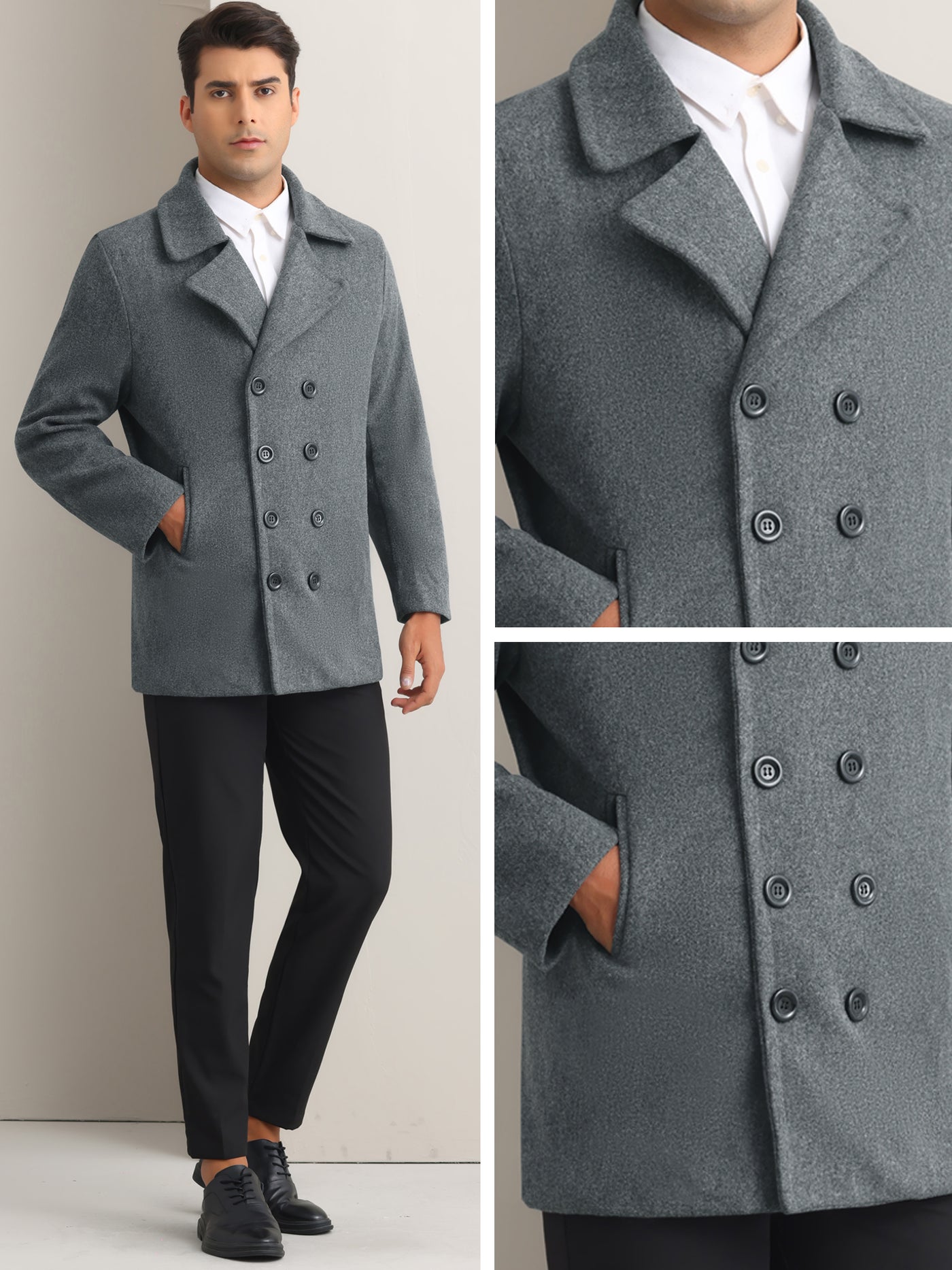 Bublédon Winter Peacoat for Men's Notched Collar Double Breasted Formal Classic Overcoats