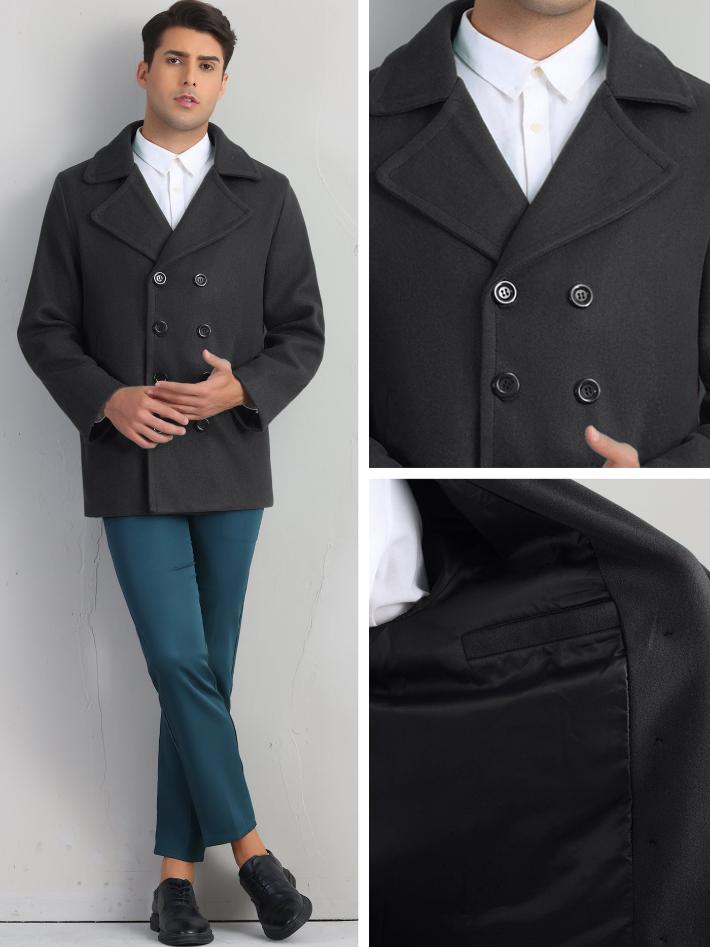 Bublédon Winter Peacoat for Men's Notched Collar Double Breasted Formal Classic Overcoats