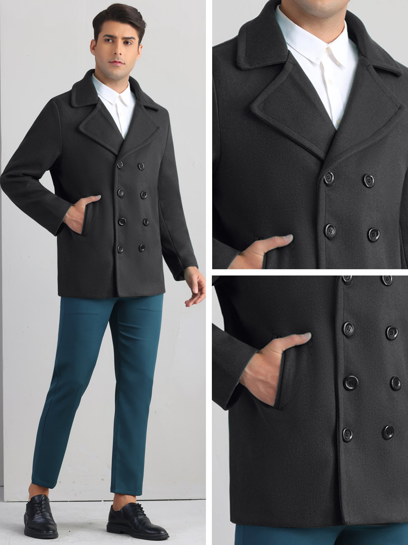 Bublédon Winter Peacoat for Men's Notched Collar Double Breasted Formal Classic Overcoats