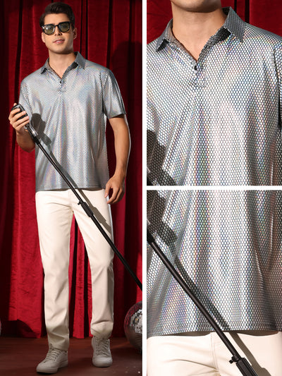 Men's Metallic Polo Sparkle Dots Printed Short Sleeves Shiny Golf Shirts