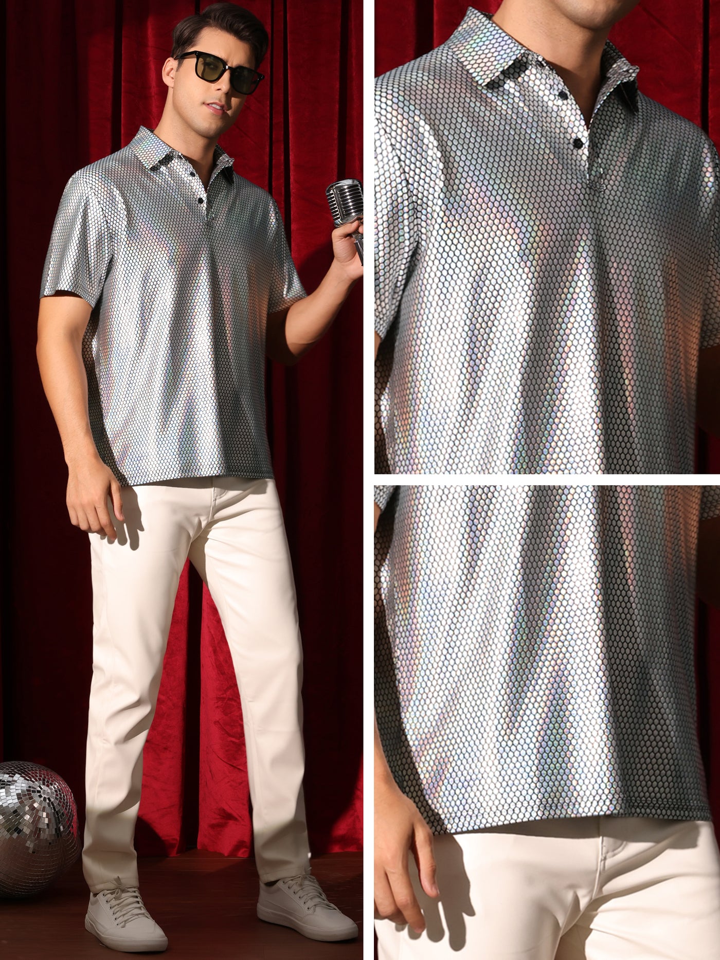 Bublédon Men's Metallic Polo Sparkle Dots Printed Short Sleeves Shiny Golf Shirts