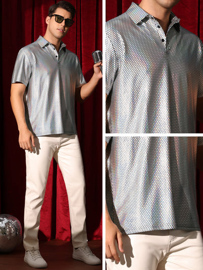 Men's Metallic Polo Sparkle Dots Printed Short Sleeves Shiny Golf Shirts