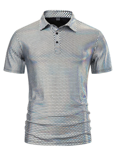 Men's Metallic Polo Sparkle Dots Printed Short Sleeves Shiny Golf Shirts