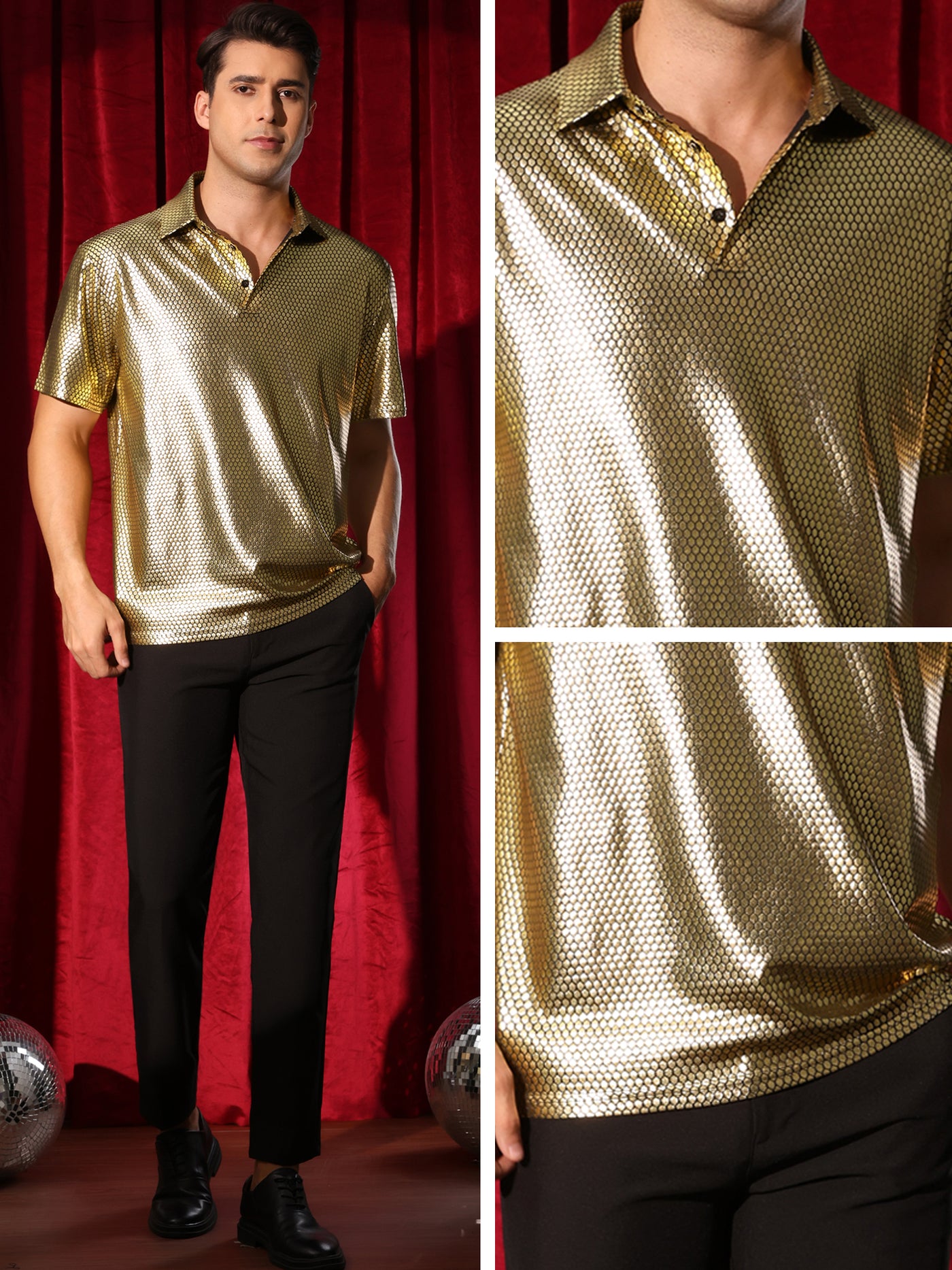 Bublédon Men's Metallic Polo Sparkle Dots Printed Short Sleeves Shiny Golf Shirts