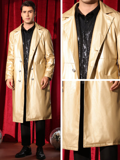 Faux Leather Jacket for Men's Classic Fit Full Length Trench Coat PU Overcoats