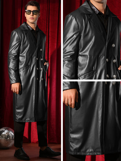 Faux Leather Jacket for Men's Classic Fit Full Length Trench Coat PU Overcoats