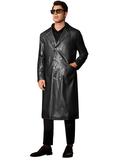 Faux Leather Jacket for Men's Classic Fit Full Length Trench Coat PU Overcoats