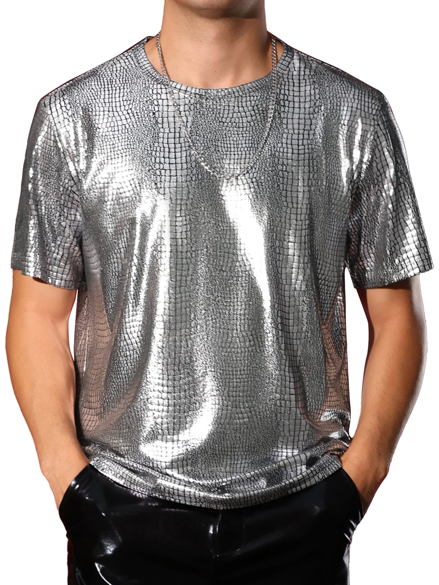 Bublédon Metallic Animal Printed T-Shirt for Men's Short Sleeves Disco Party Tee Shirts