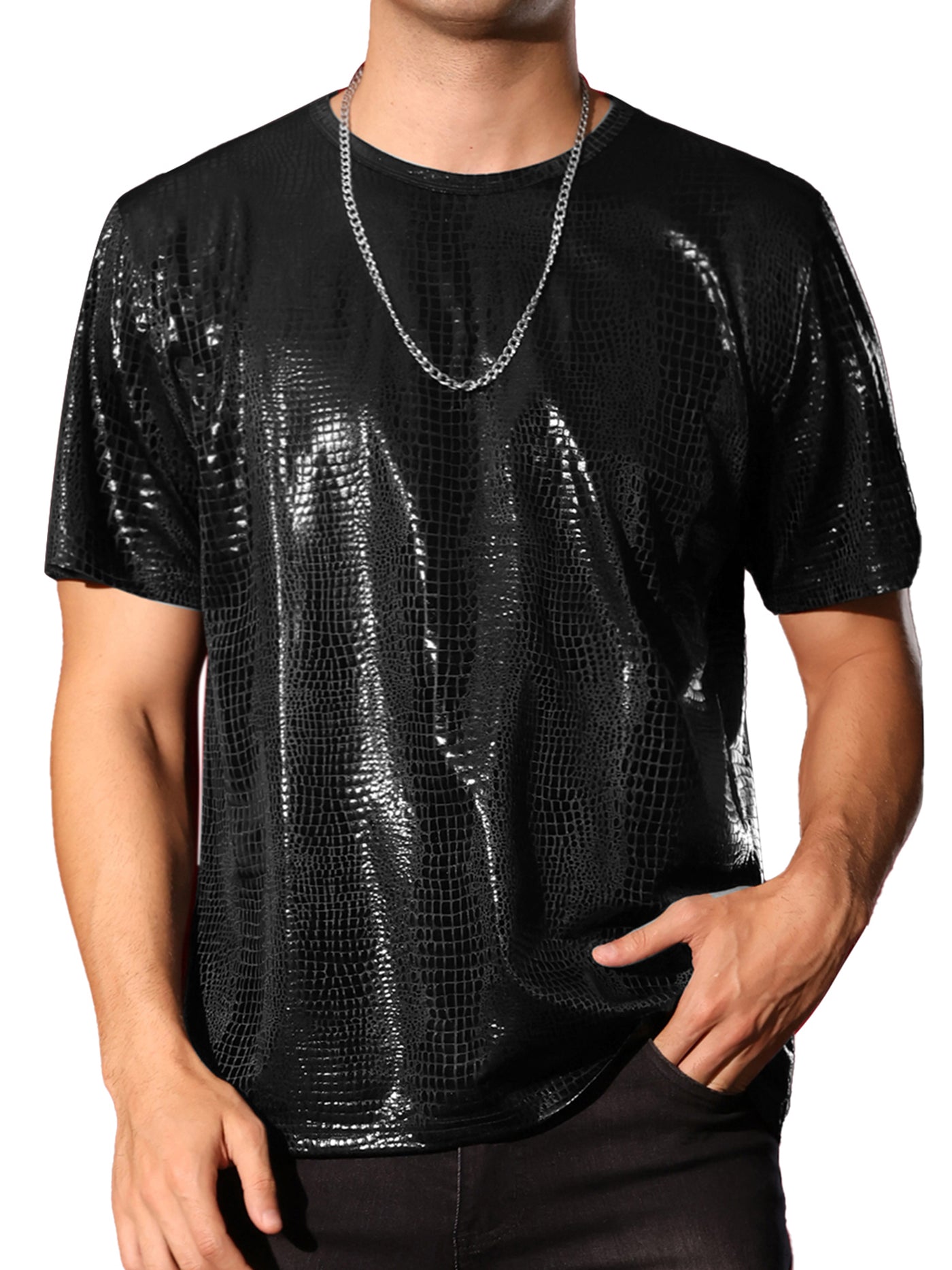 Bublédon Metallic Animal Printed T-Shirt for Men's Short Sleeves Disco Party Tee Shirts