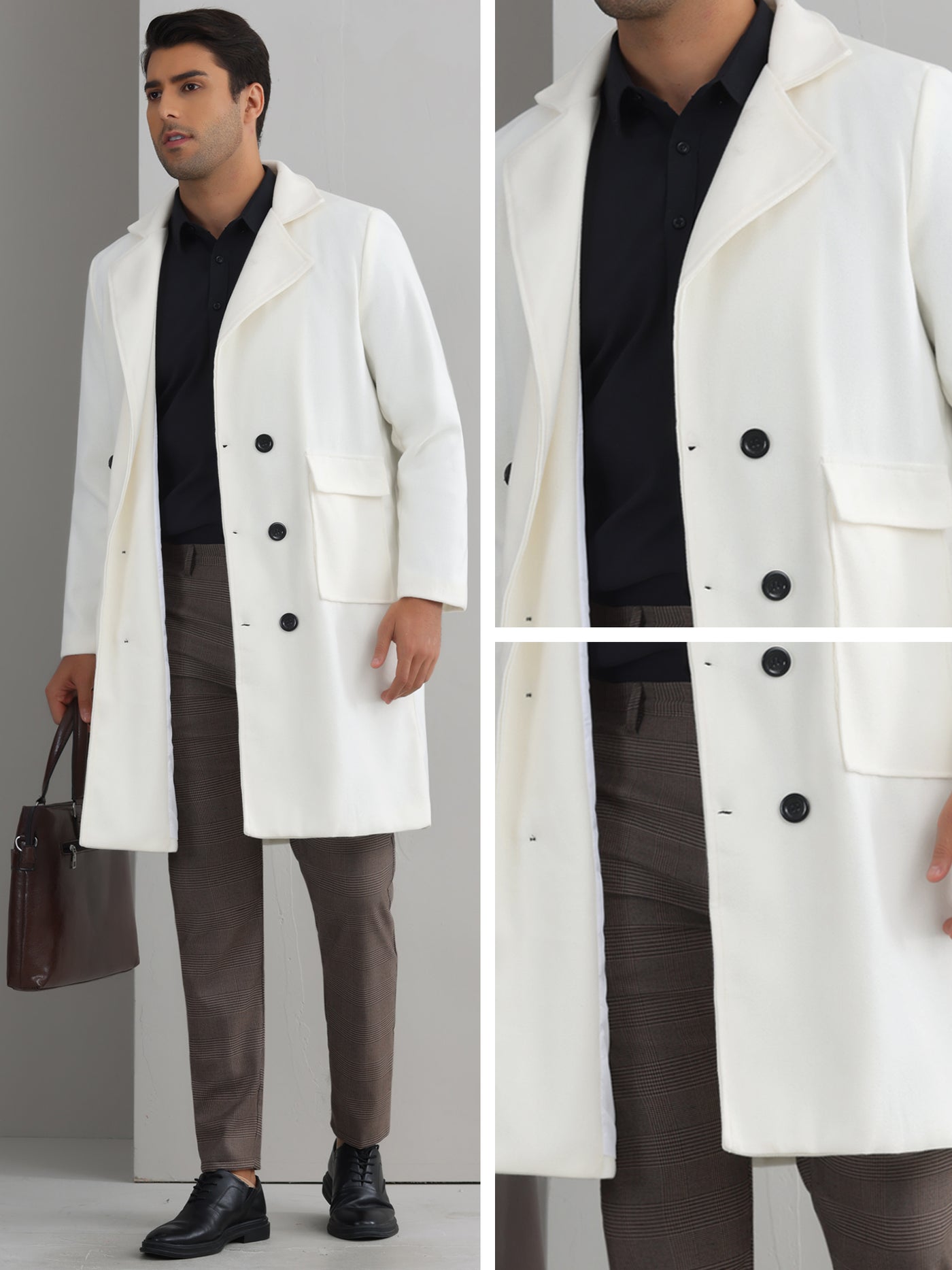 Bublédon Winter Coats for Men's Notched Collar Double Breasted Long Trench Coat