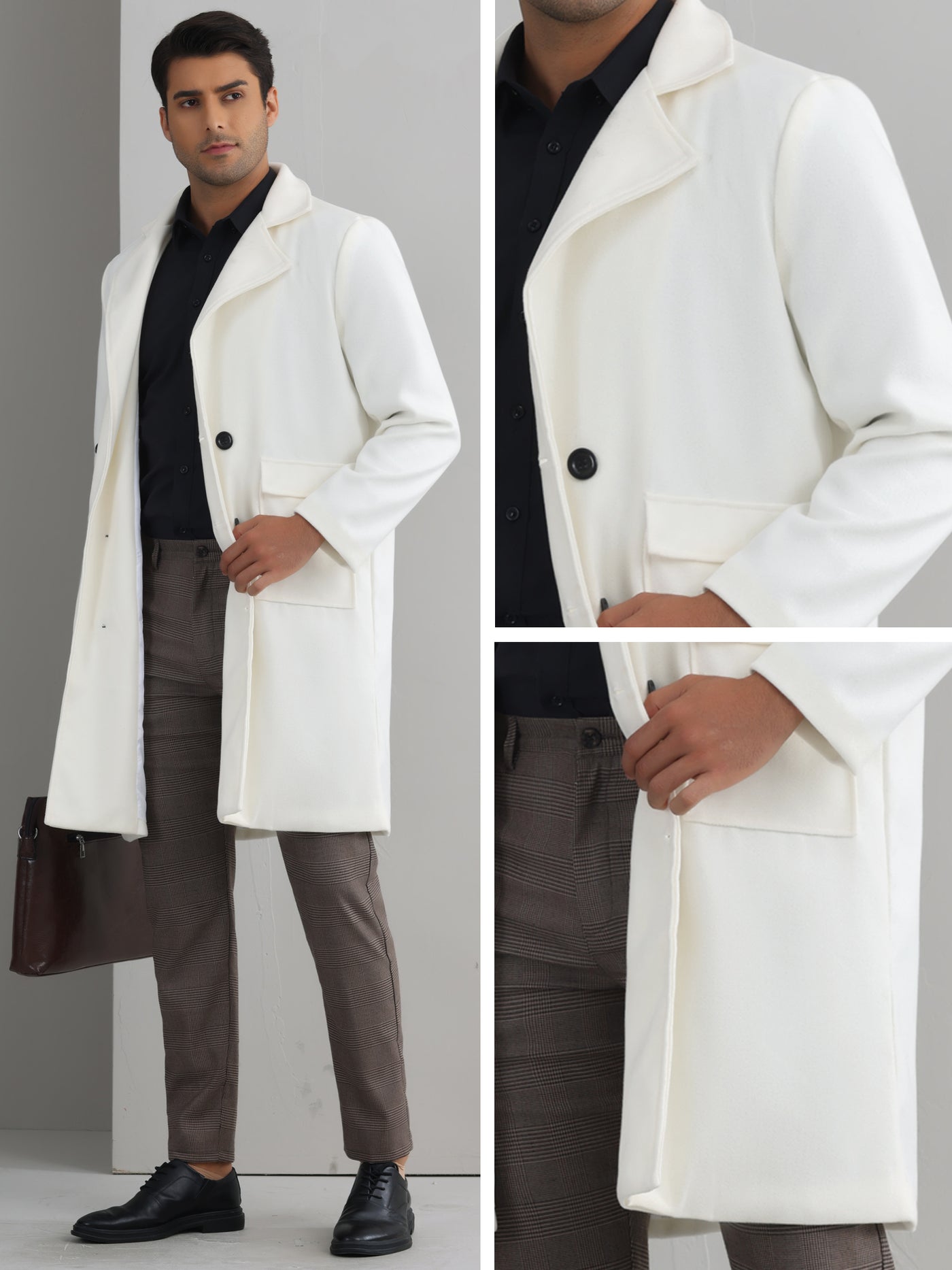 Bublédon Winter Coats for Men's Notched Collar Double Breasted Long Trench Coat