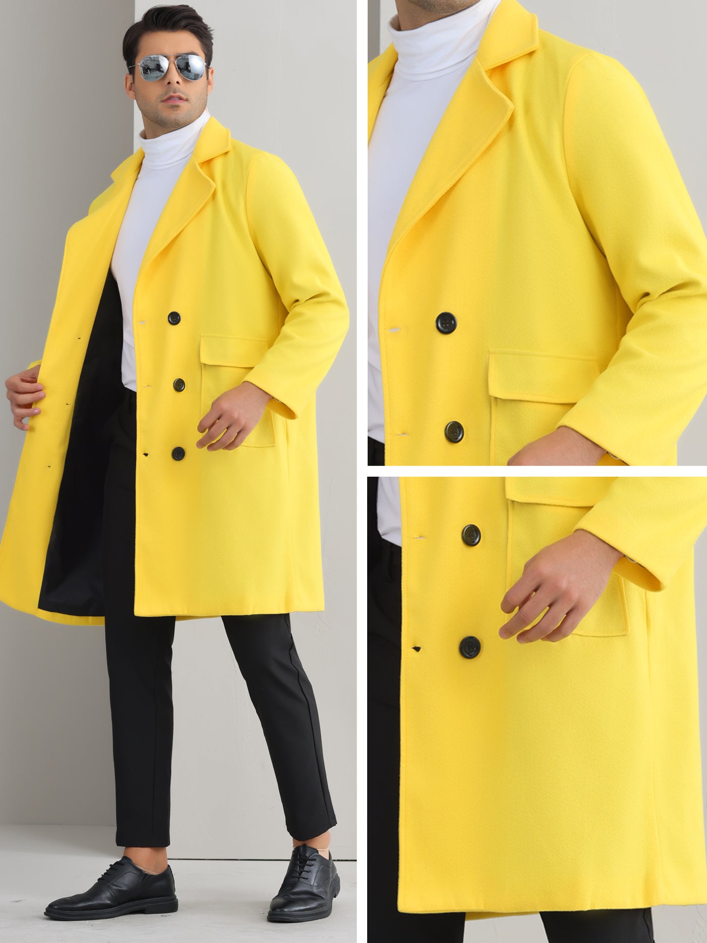 Bublédon Winter Coats for Men's Notched Collar Double Breasted Long Trench Coat