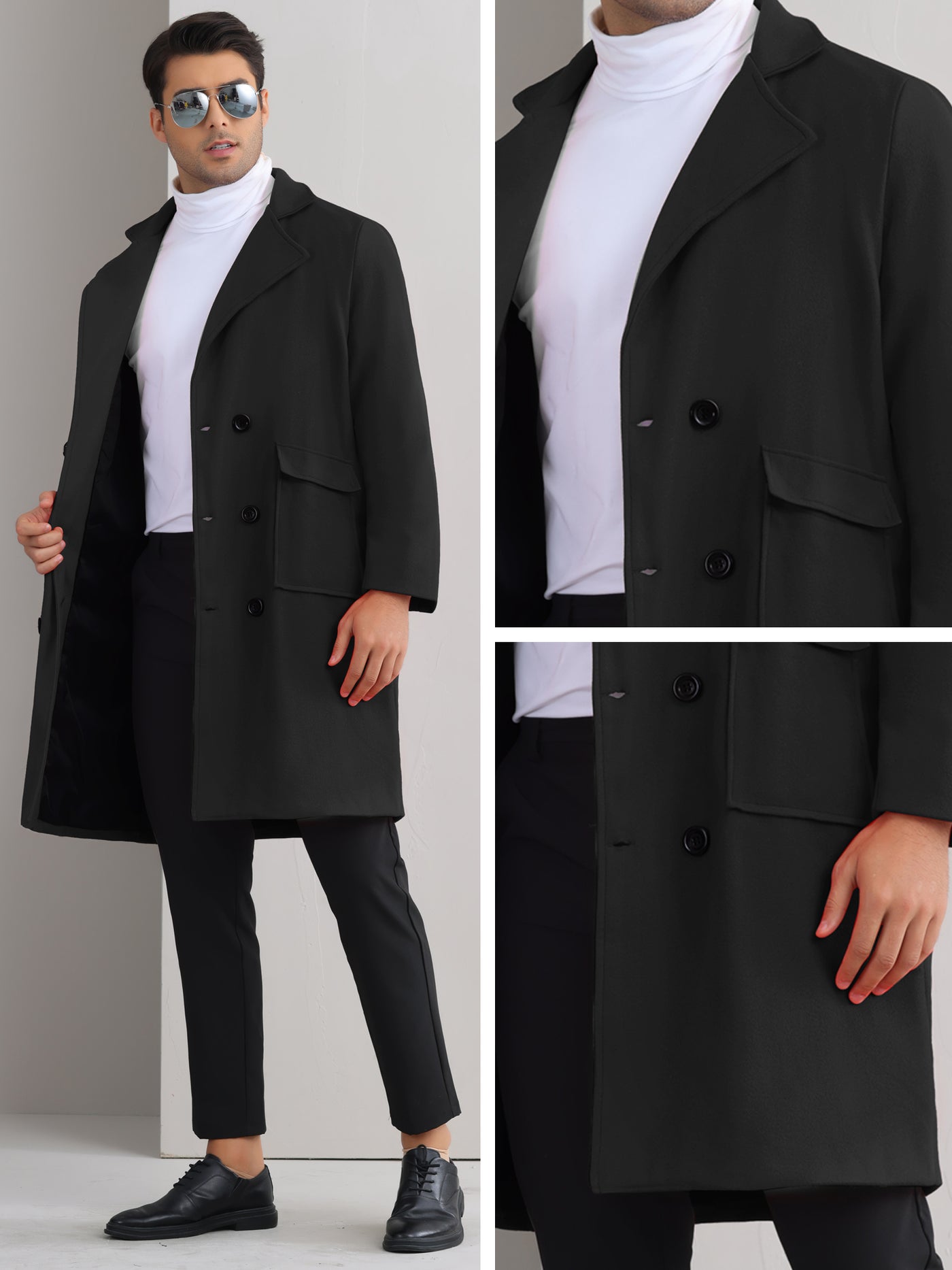 Bublédon Winter Coats for Men's Notched Collar Double Breasted Long Trench Coat