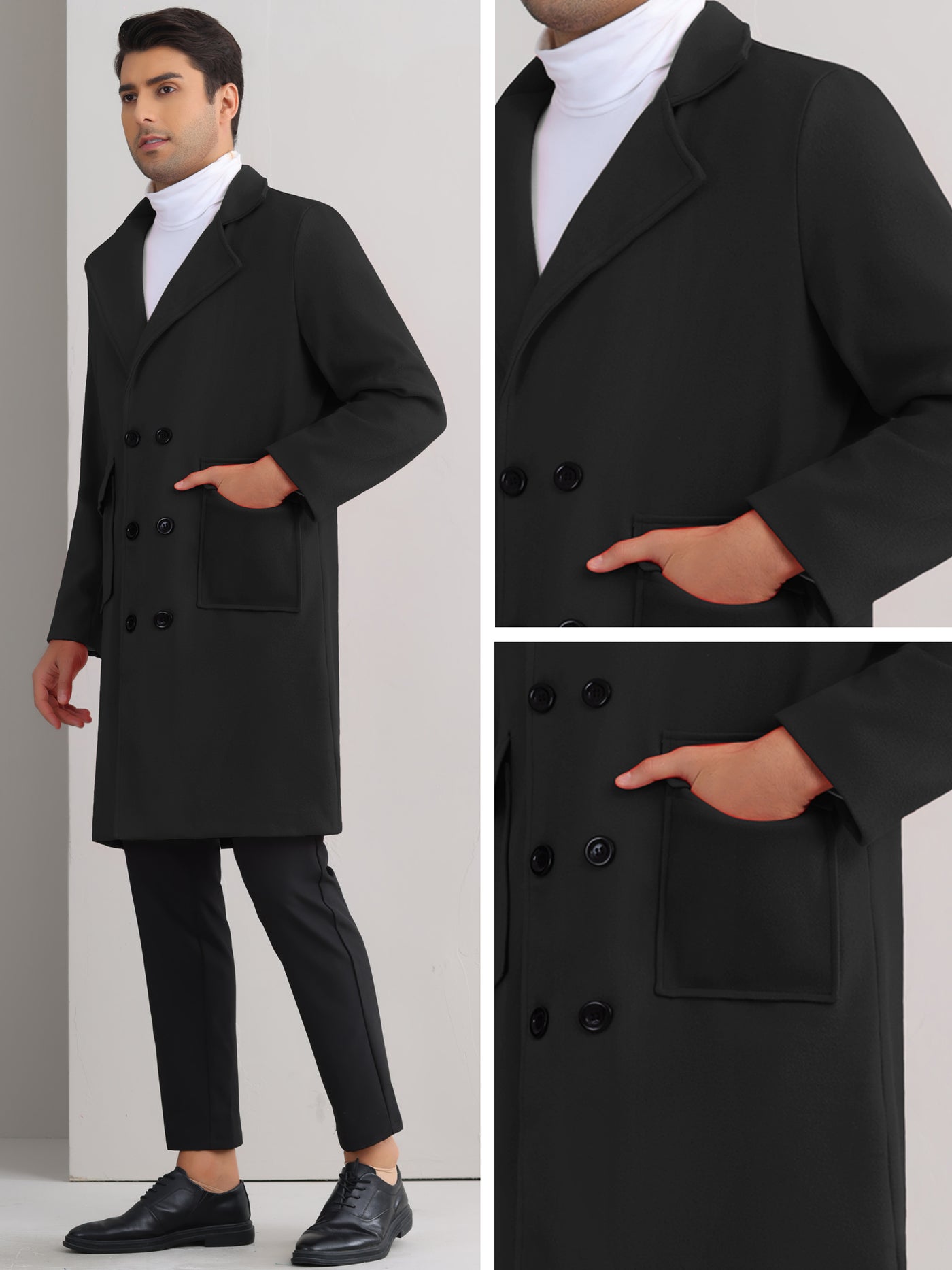 Bublédon Winter Coats for Men's Notched Collar Double Breasted Long Trench Coat