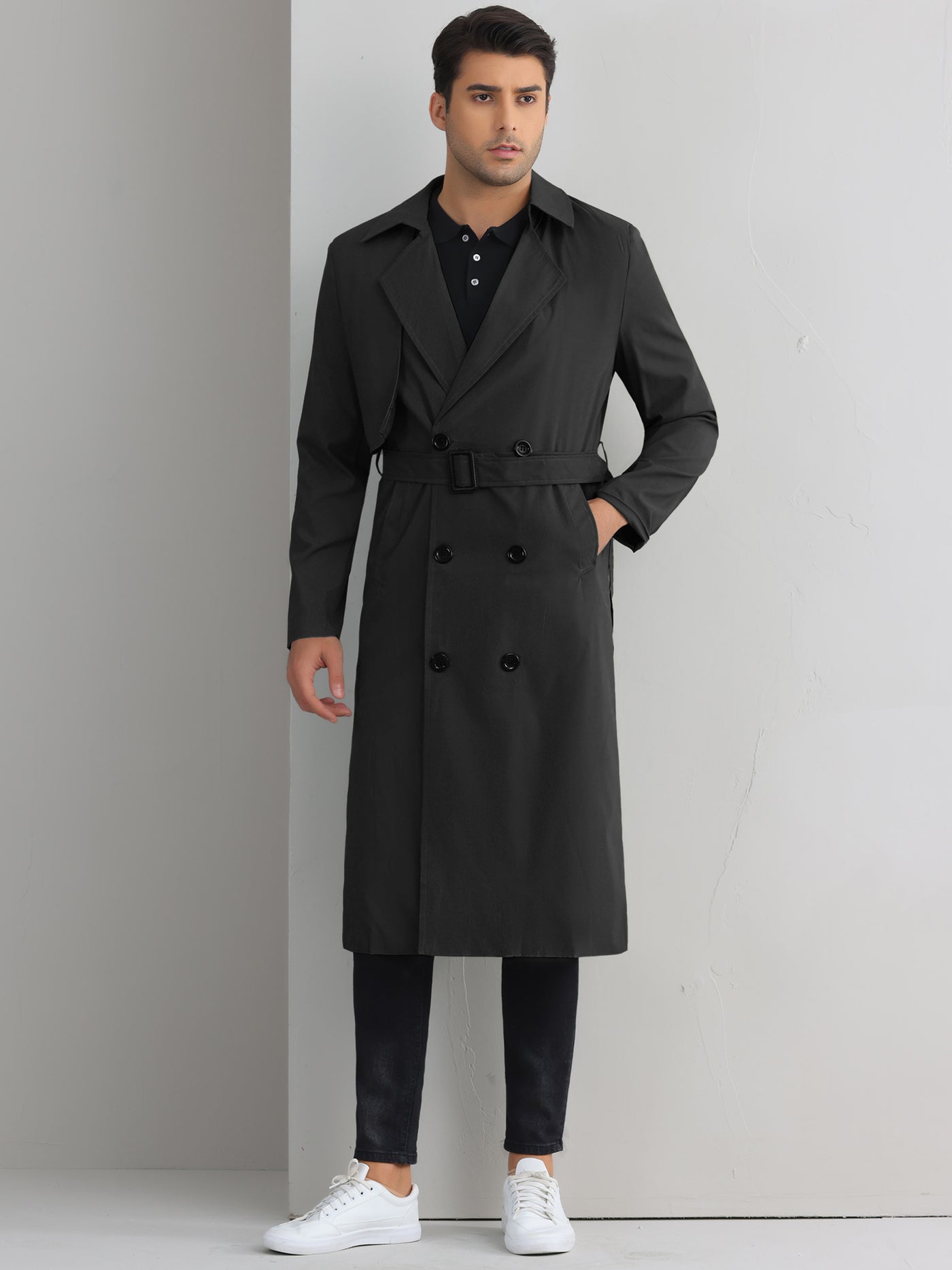 Bublédon Classic Trench Coat for Men's Double Breasted Long Winter Overcoat with Belt