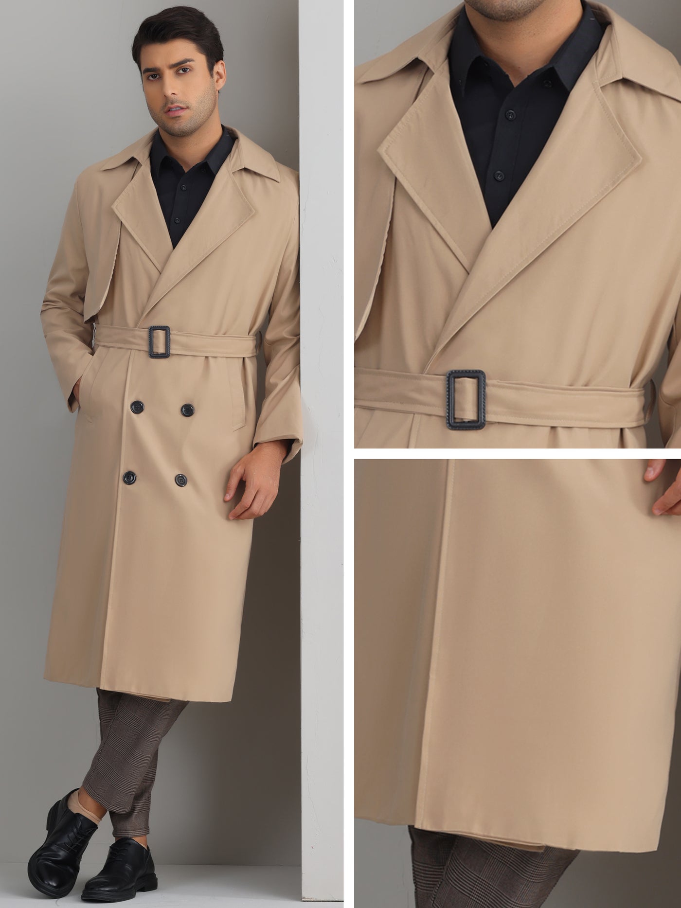 Bublédon Classic Trench Coat for Men's Double Breasted Long Winter Overcoat with Belt