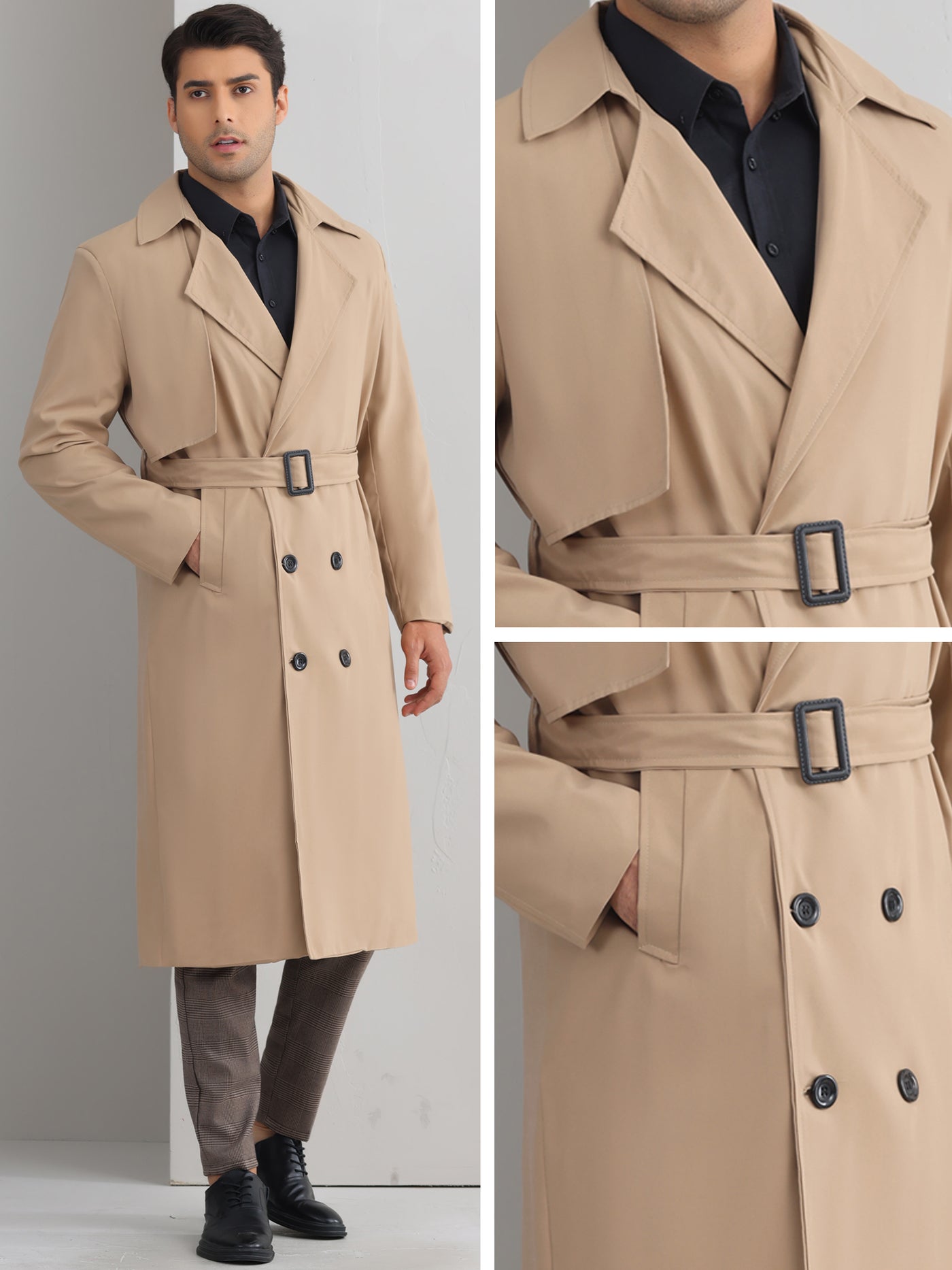 Bublédon Classic Trench Coat for Men's Double Breasted Long Winter Overcoat with Belt