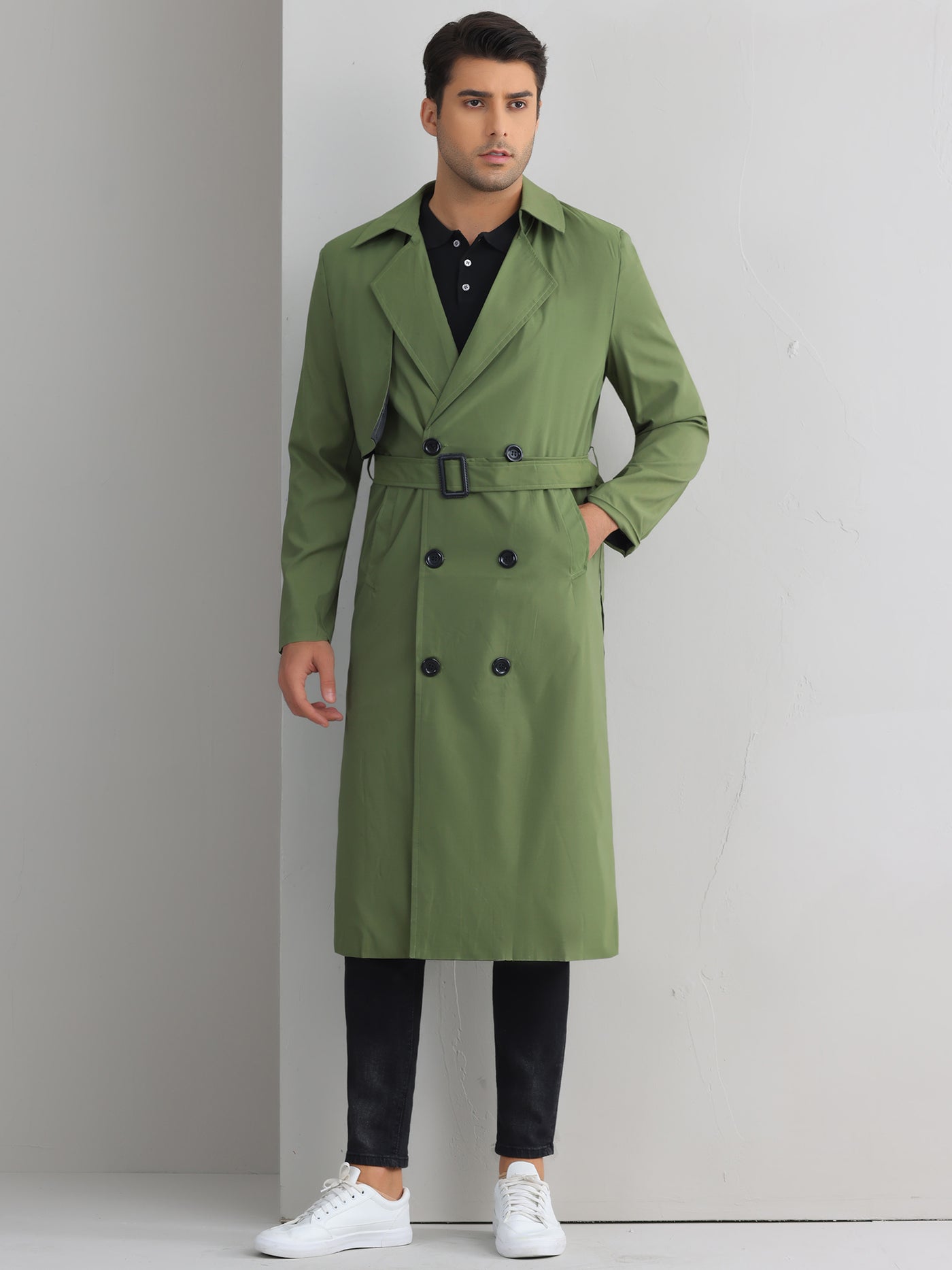 Bublédon Classic Trench Coat for Men's Double Breasted Long Winter Overcoat with Belt