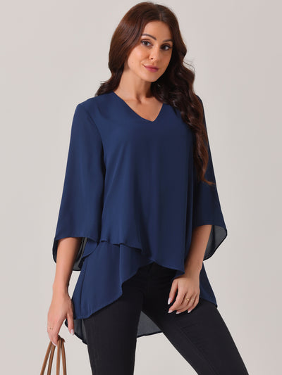 Women's High Low Asymmetrical Chiffon Top 3/4 Bell Sleeve V Neck Irregular Hem Casual Blouse Tops