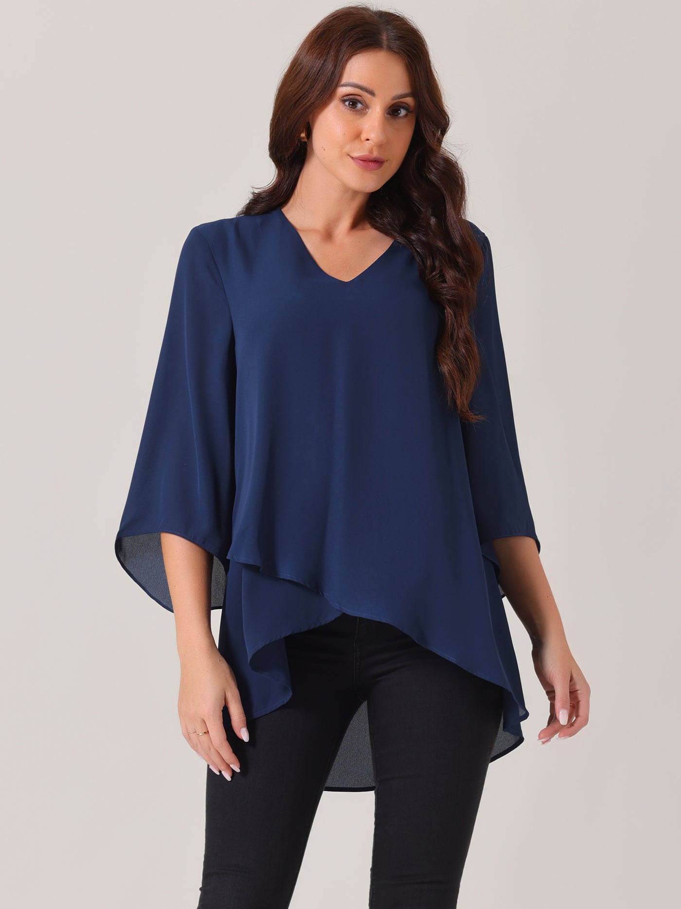 Bublédon Women's High Low Asymmetrical Chiffon Top 3/4 Bell Sleeve V Neck Irregular Hem Casual Blouse Tops