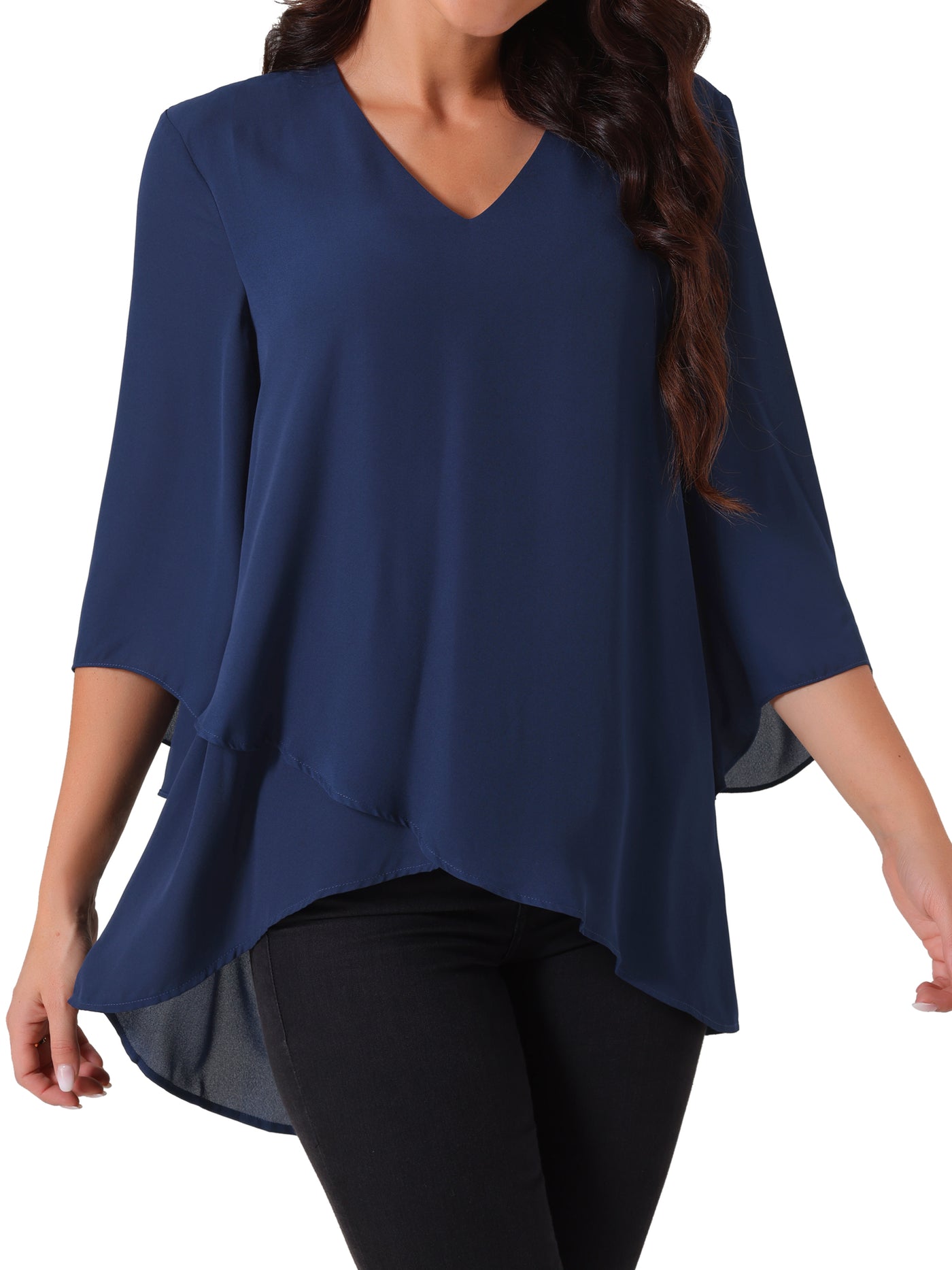 Bublédon Women's High Low Asymmetrical Chiffon Top 3/4 Bell Sleeve V Neck Irregular Hem Casual Blouse Tops