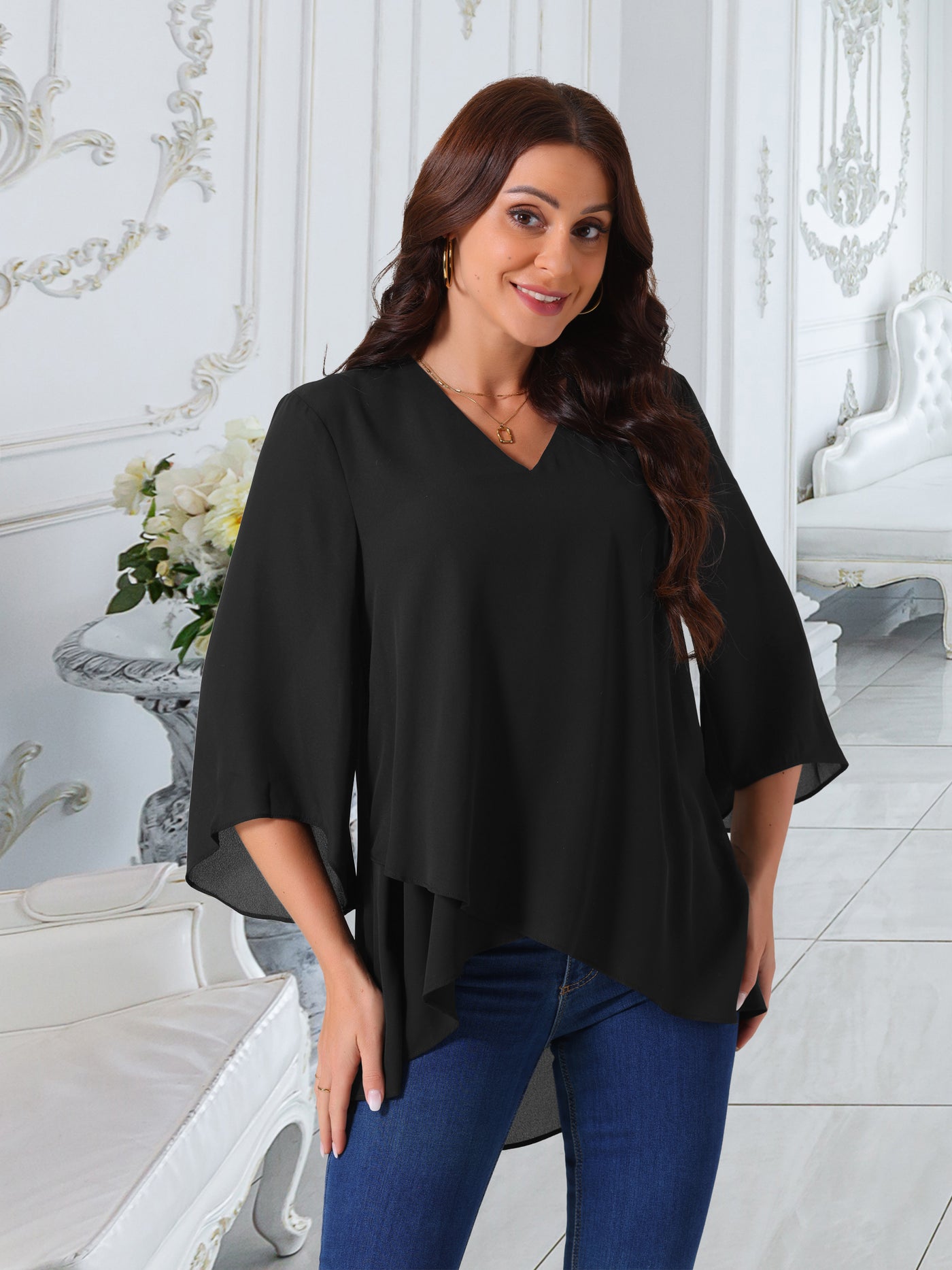 Bublédon Women's High Low Asymmetrical Chiffon Top 3/4 Bell Sleeve V Neck Irregular Hem Casual Blouse Tops