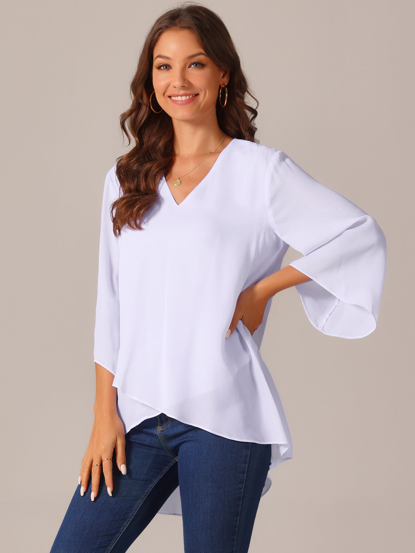 Bublédon Women's High Low Asymmetrical Chiffon Top 3/4 Bell Sleeve V Neck Irregular Hem Casual Blouse Tops