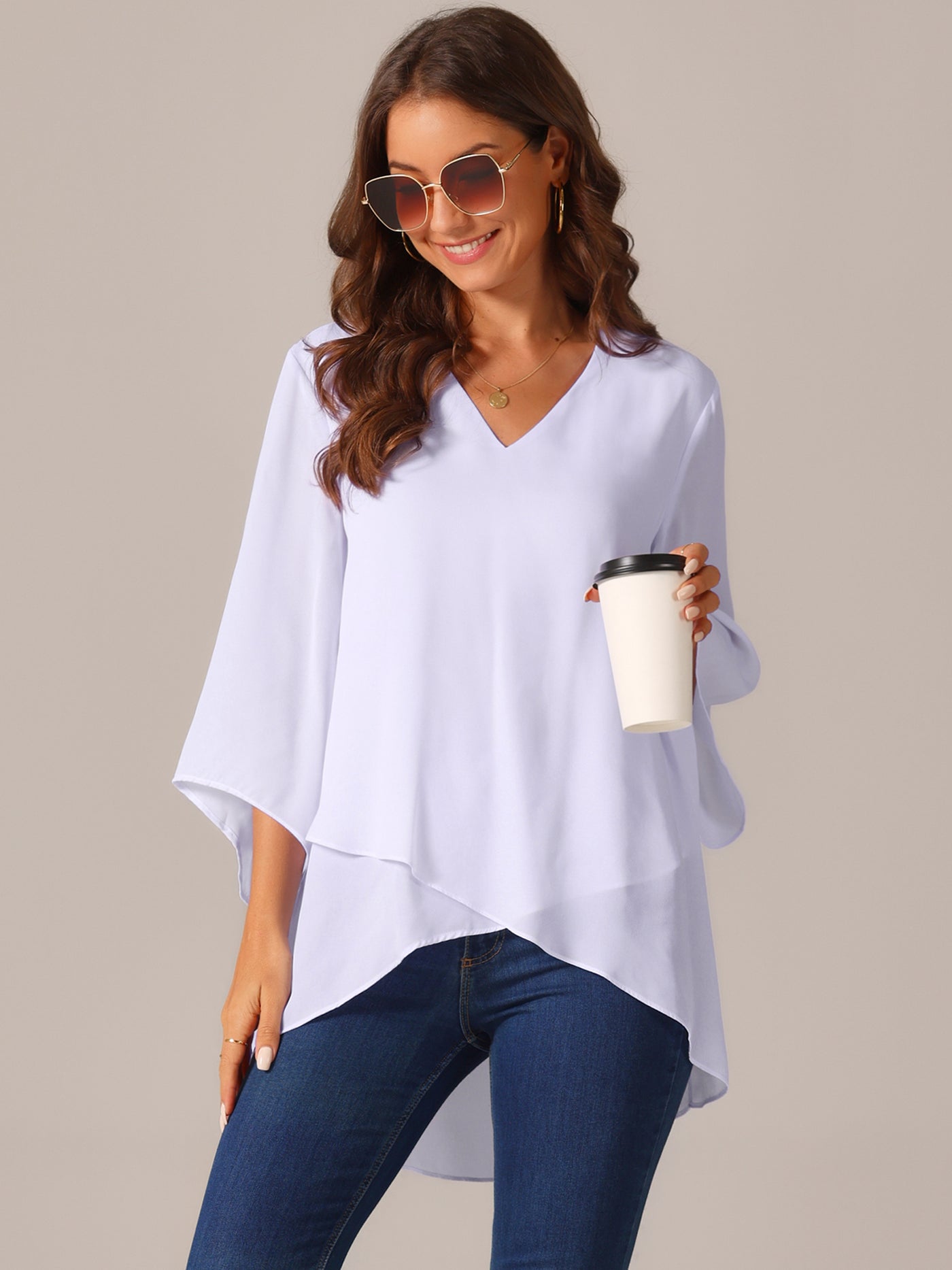 Bublédon Women's High Low Asymmetrical Chiffon Top 3/4 Bell Sleeve V Neck Irregular Hem Casual Blouse Tops