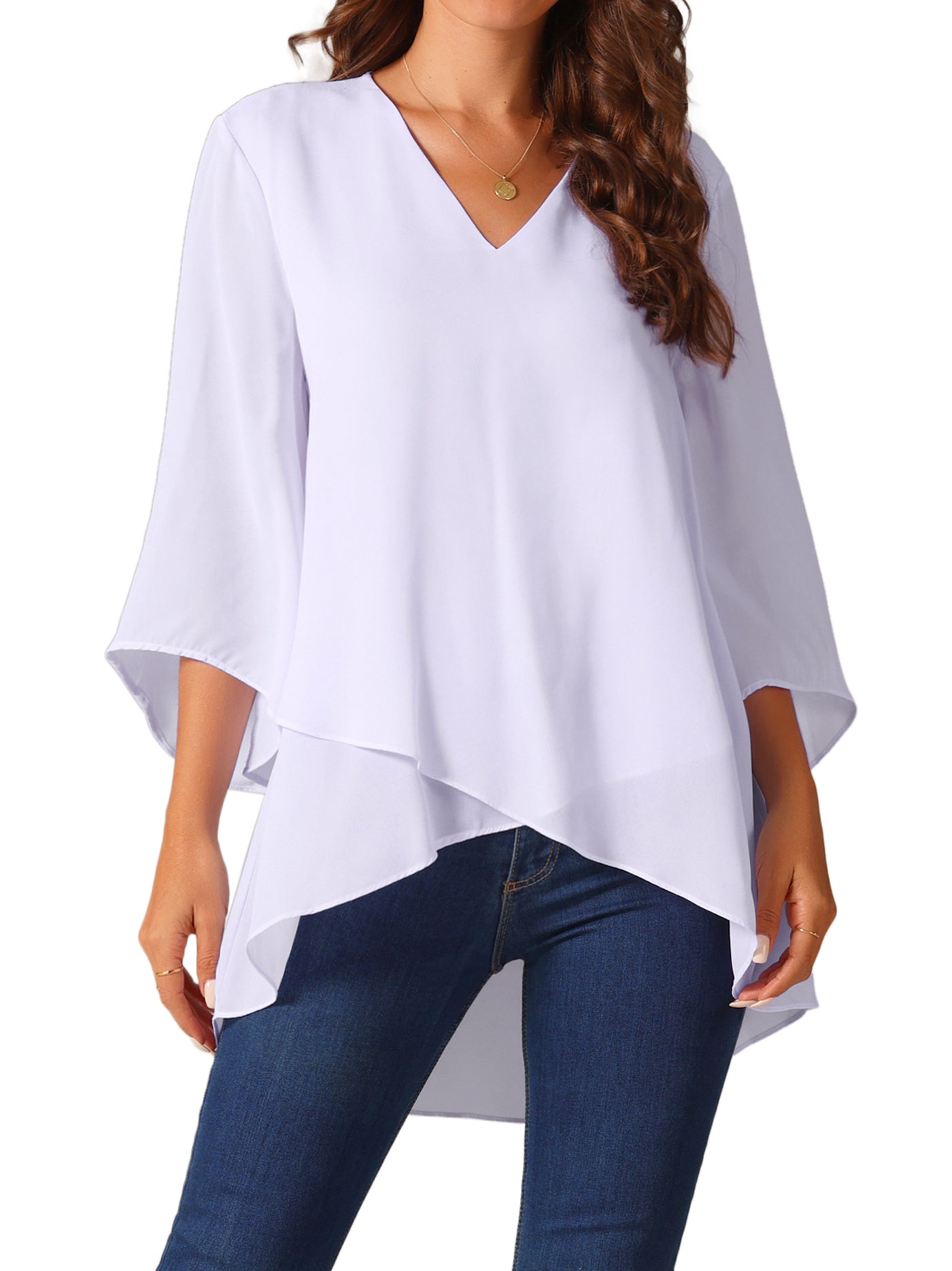 Bublédon Women's High Low Asymmetrical Chiffon Top 3/4 Bell Sleeve V Neck Irregular Hem Casual Blouse Tops