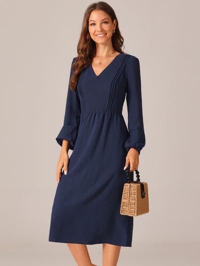 Bublédon Women's Elegant Frilled Long Sleeve V Neck Casual Pleated Fit Flare A-Line Midi Dress