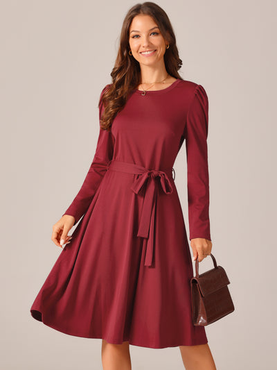 Women's Puff Long Sleeve Crewneck Knee Length Tie Waist Casual Dress with Pockets